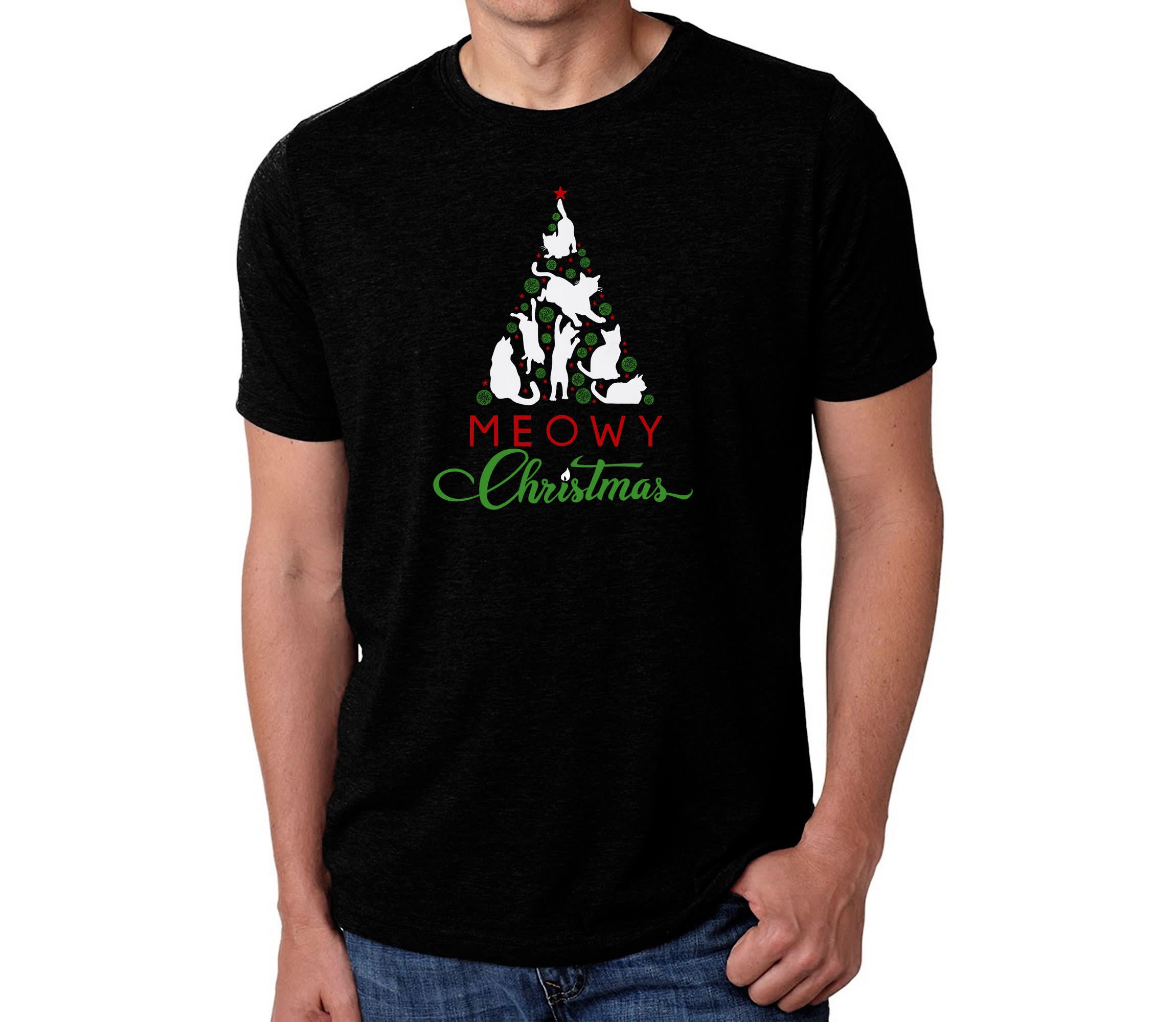 Mens Premium Blend Word Art T-Shirt - Meowy Christmas Tree