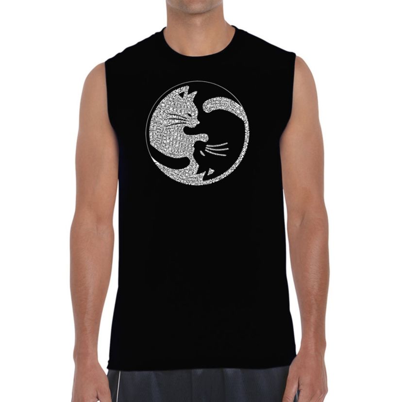 Mens Word Art Sleeveless T-shirt - Yin Yang Cat