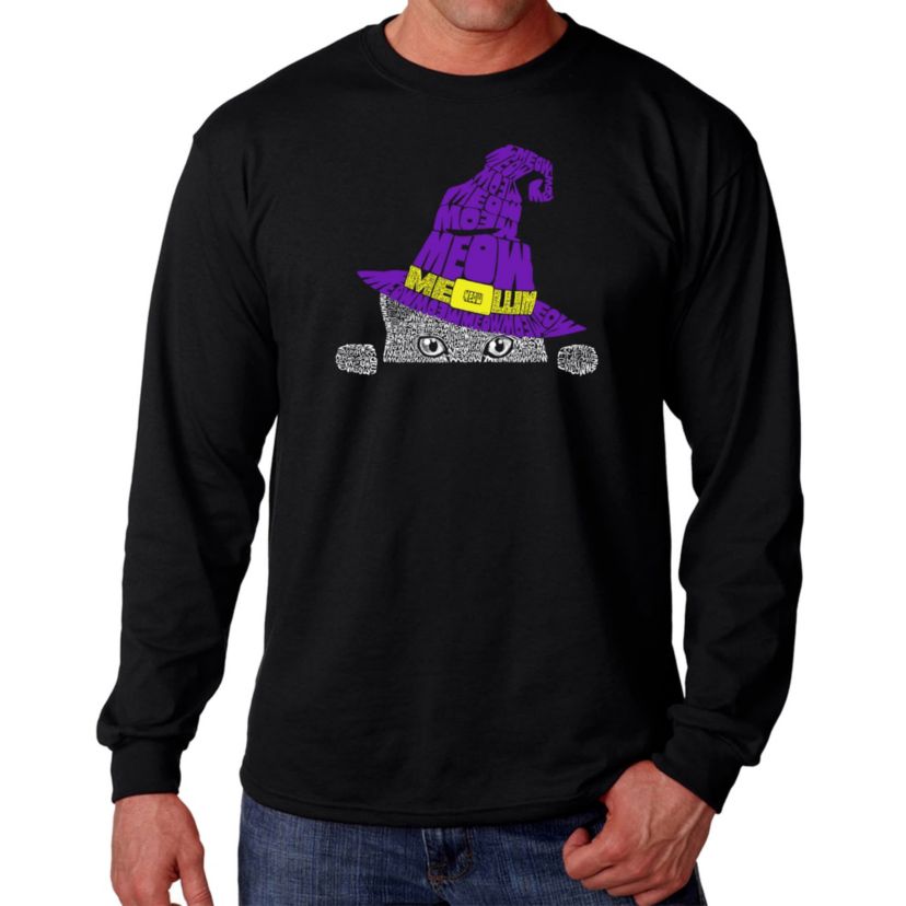 Mens Word Art Long Sleeve T-Shirt - Peeking Witch Cat