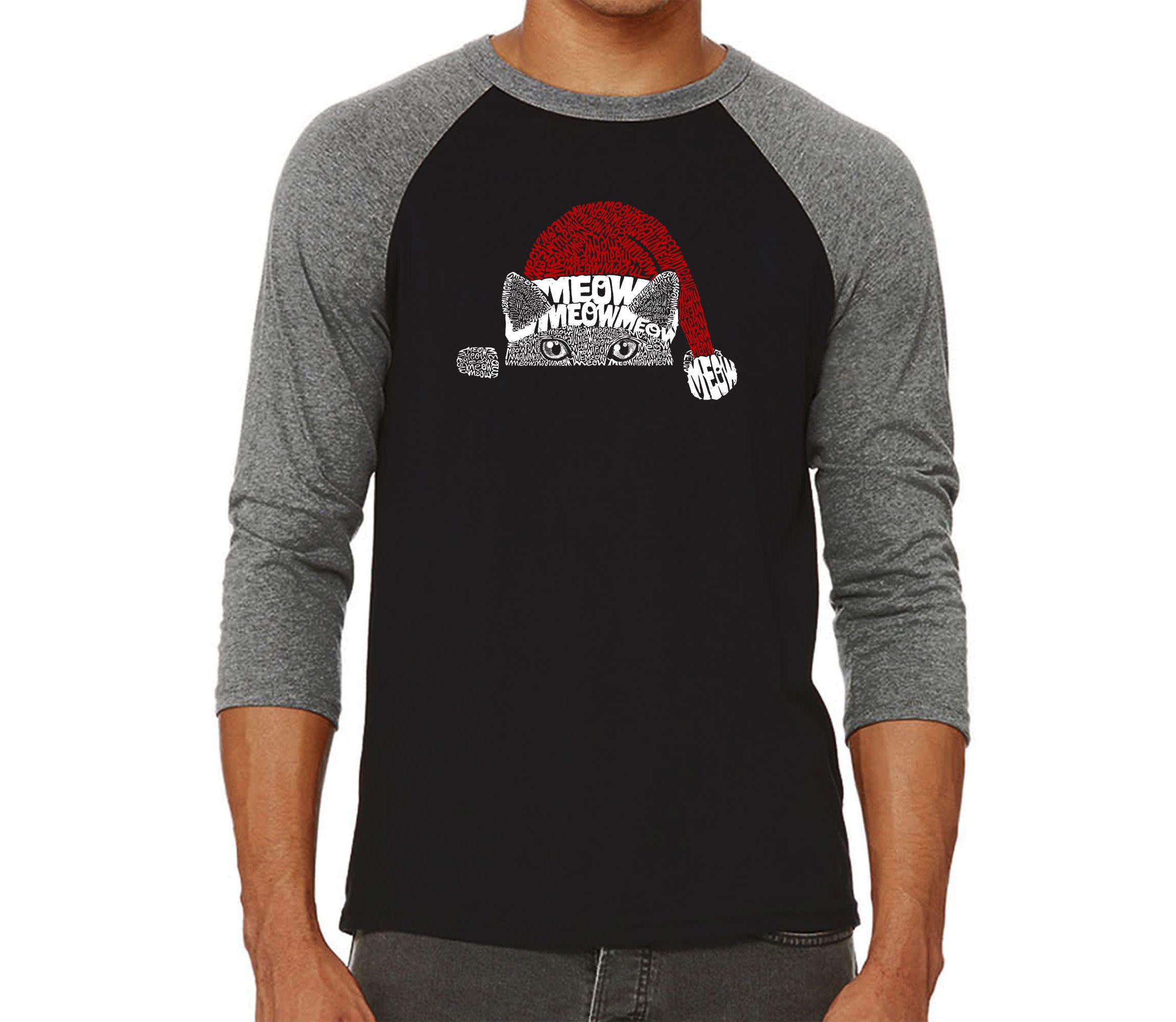 Mens Raglan Baseball Word Art T-Shirt  - Christmas Peeking Cat