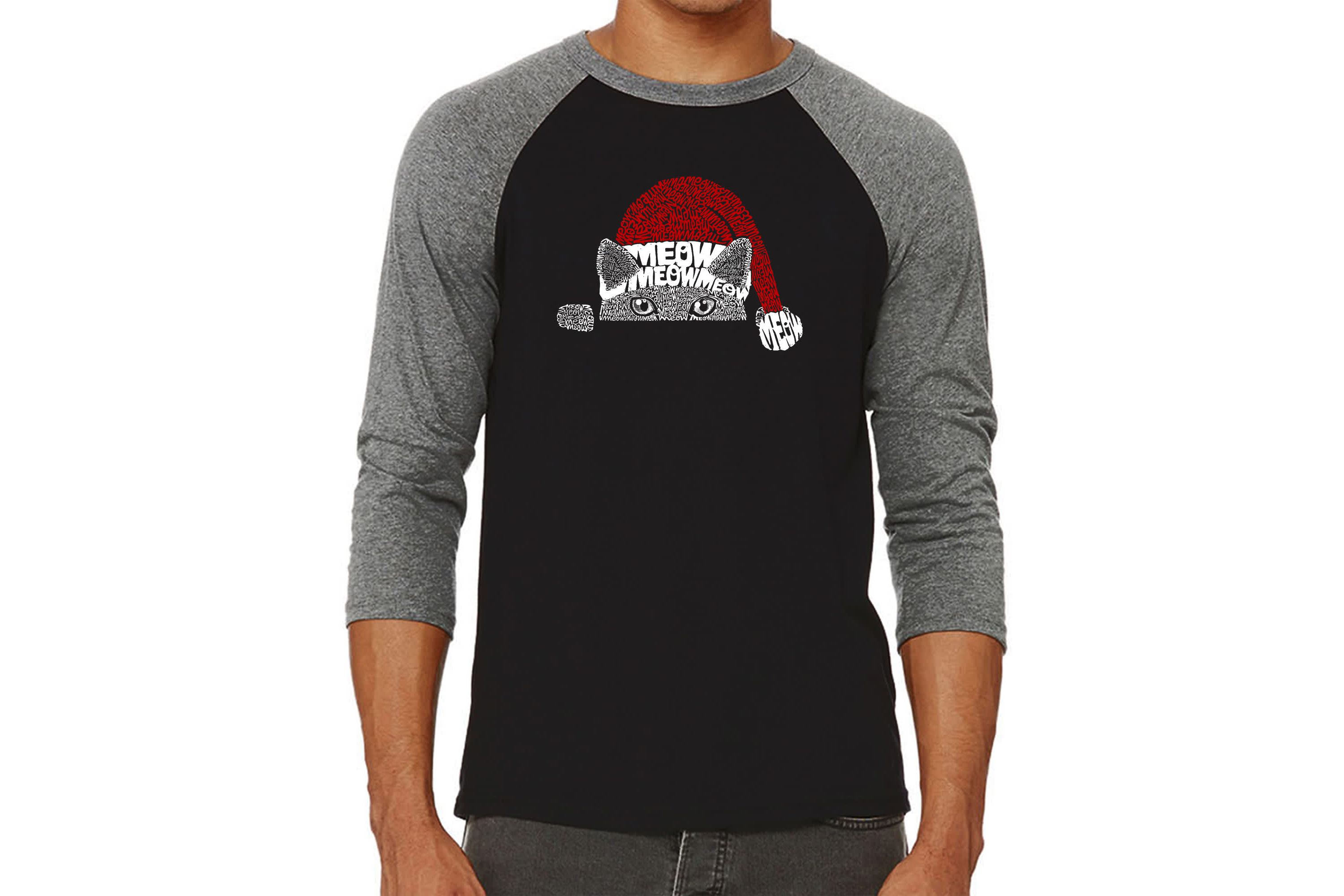 Mens Raglan Baseball Word Art T-Shirt  - Christmas Peeking Cat