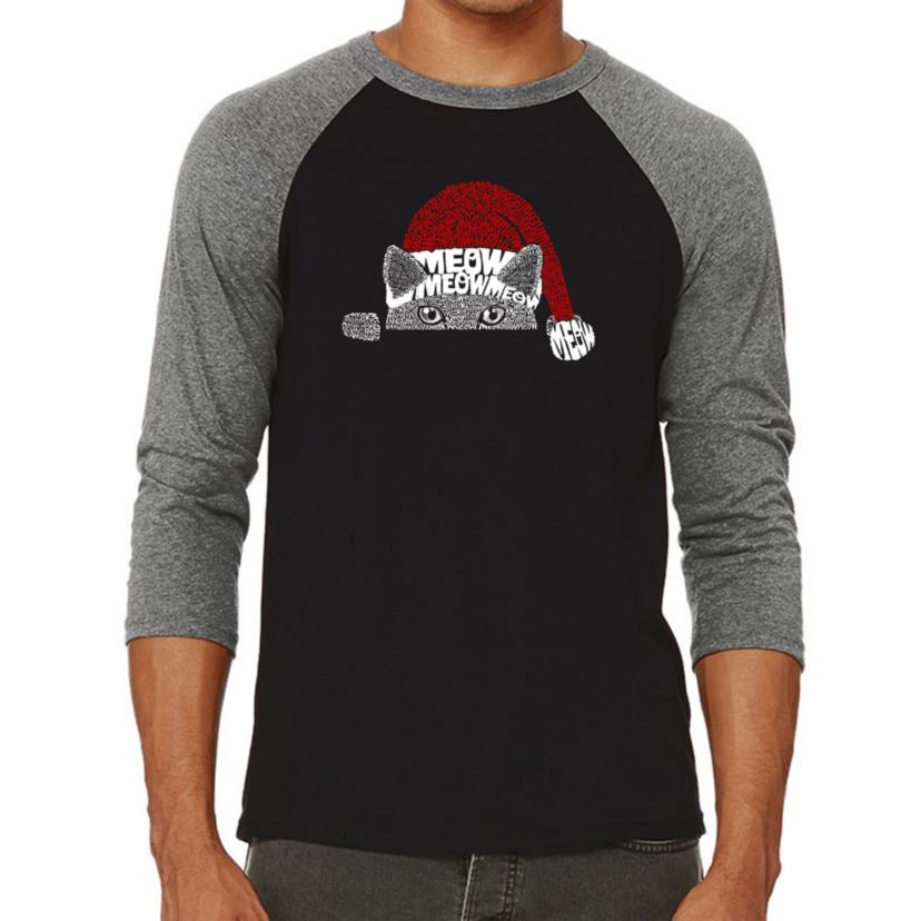 Mens Raglan Baseball Word Art T-Shirt  - Christmas Peeking Cat