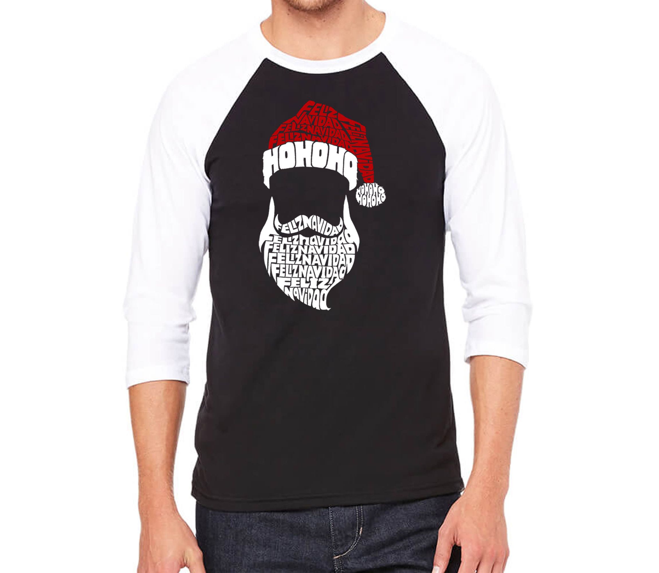Mens Raglan Baseball Word Art T-Shirt - Feliz Navidad Santa Claus