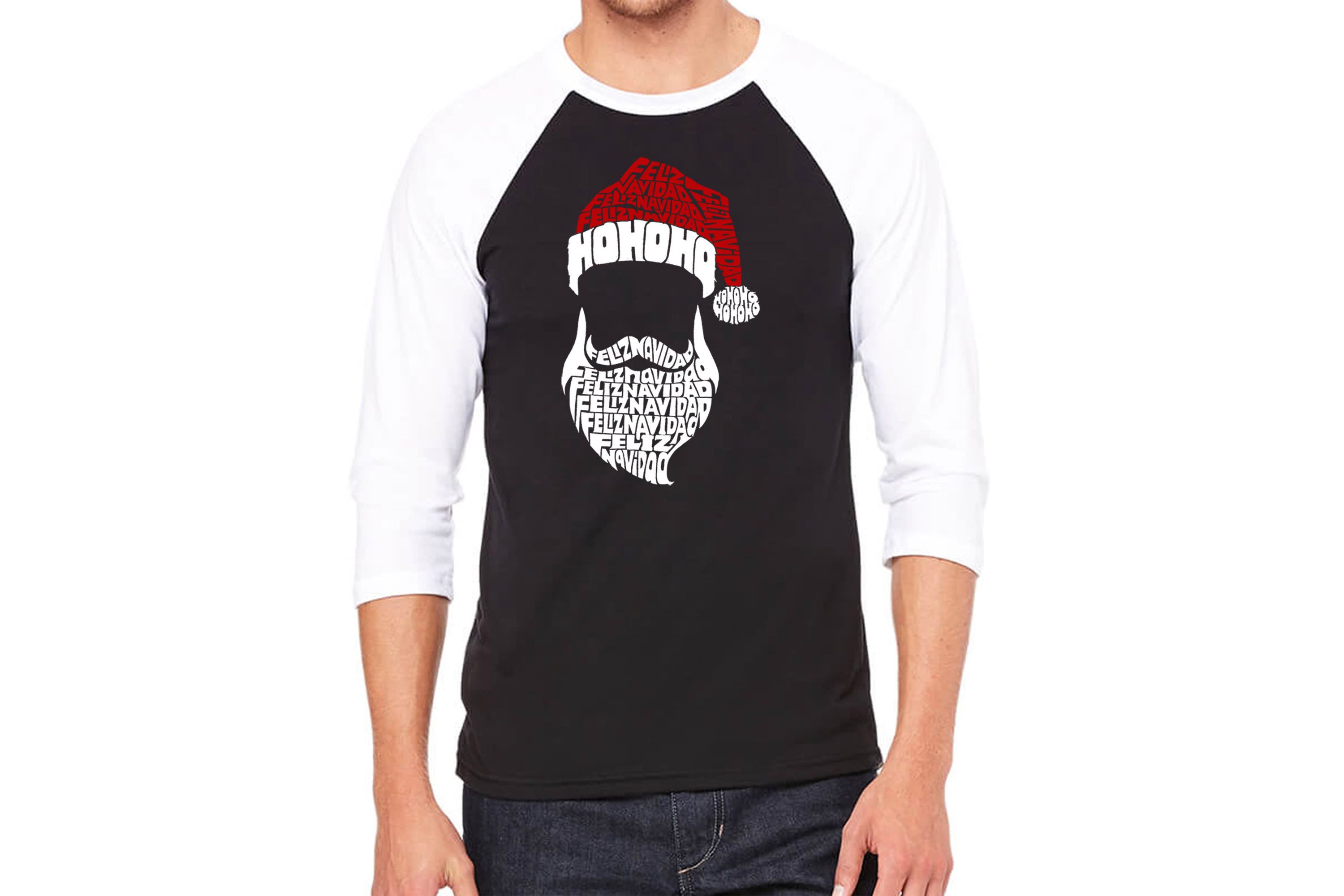 Mens Raglan Baseball Word Art T-Shirt - Feliz Navidad Santa Claus