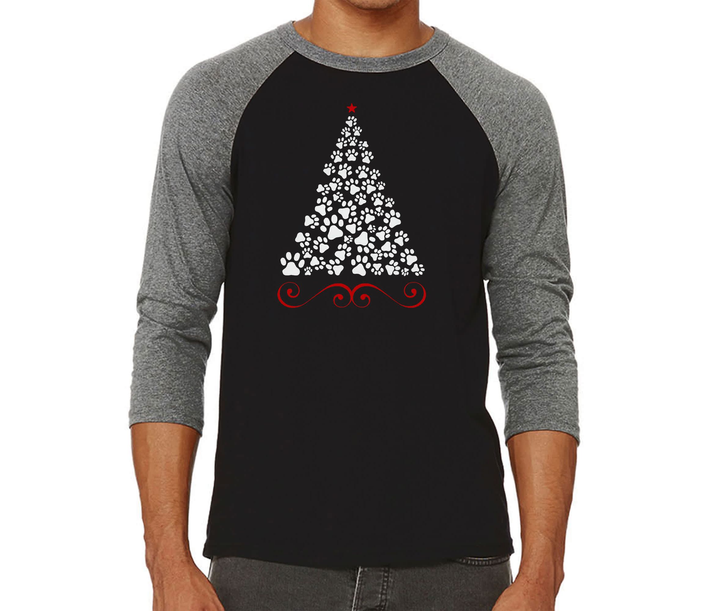 Mens Raglan Baseball Word Art T-Shirt - Paw Christmas Tree