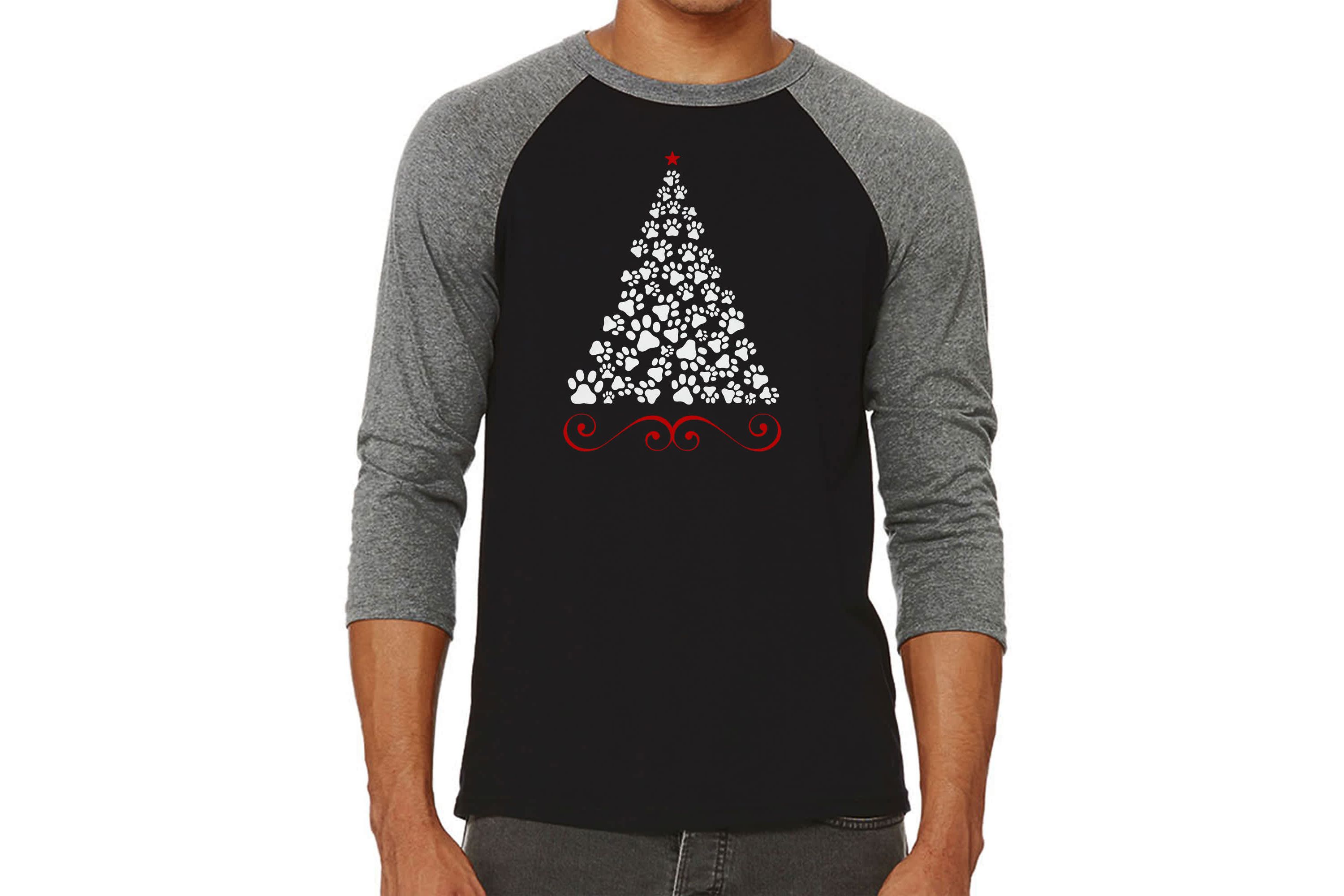 Mens Raglan Baseball Word Art T-Shirt - Paw Christmas Tree