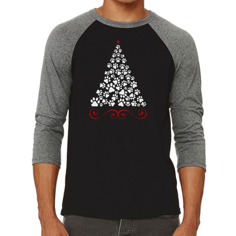 Mens Raglan Baseball Word Art T-Shirt - Paw Christmas Tree