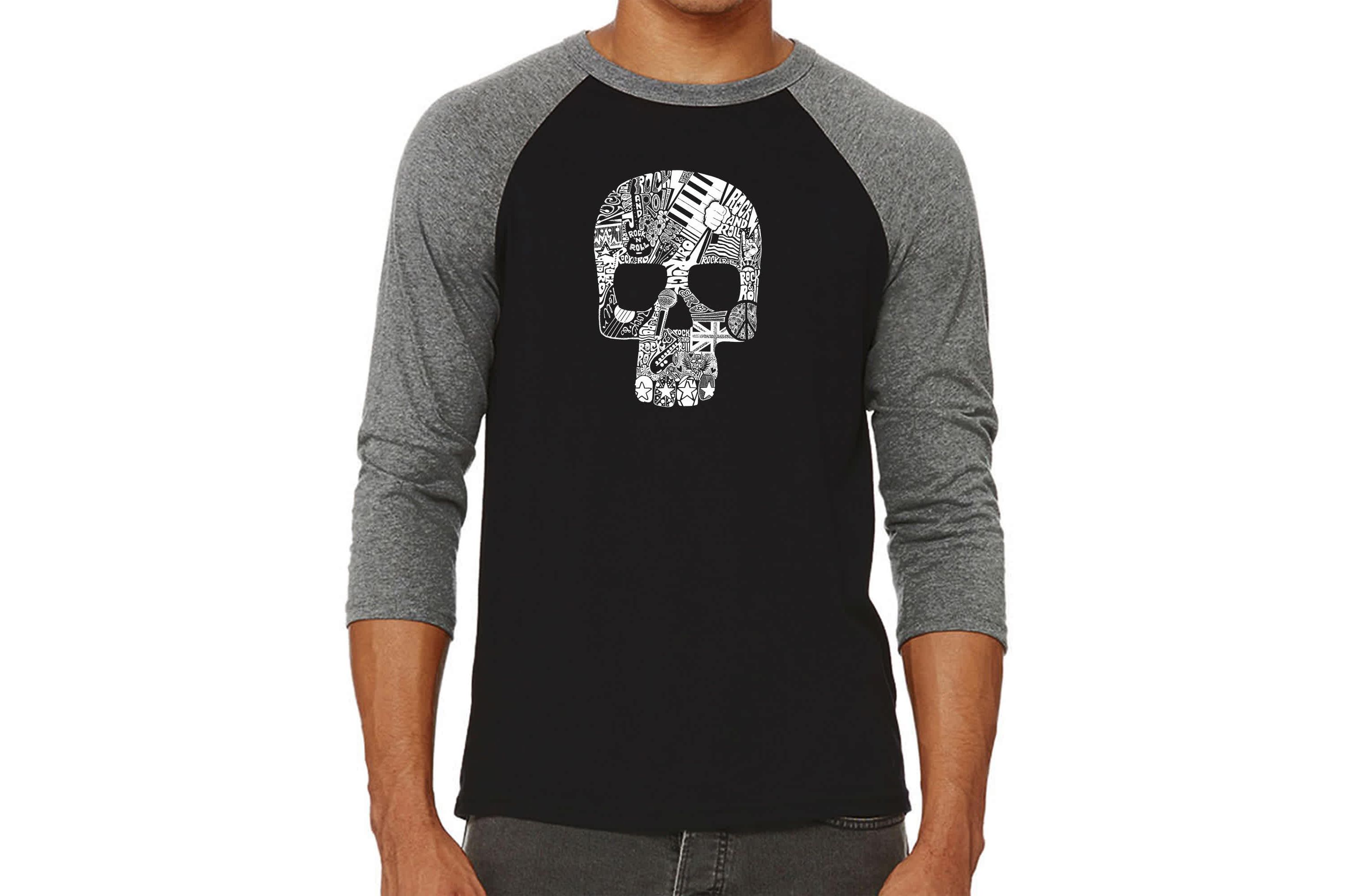 Mens Raglan Baseball Word Art T-Shirt  - Rock n Roll Skull