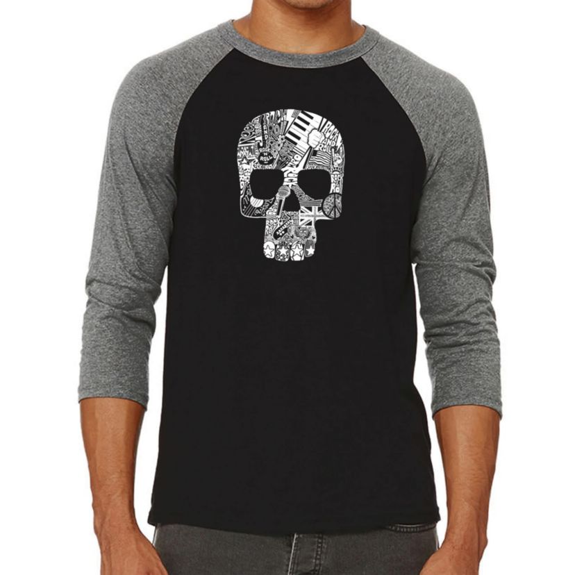 Mens Raglan Baseball Word Art T-Shirt  - Rock n Roll Skull