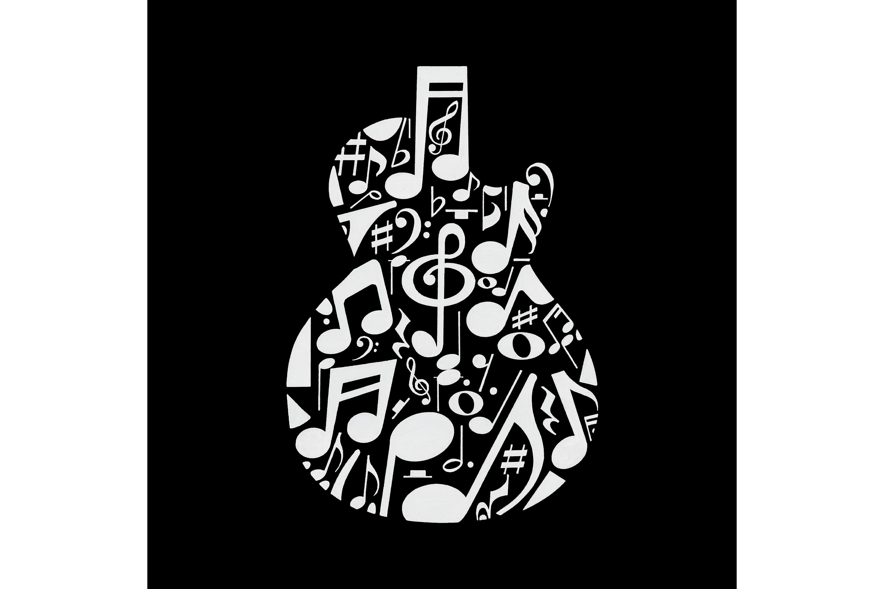 Mens Word Art Long Sleeve T-Shirt  - Music Notes Guitar