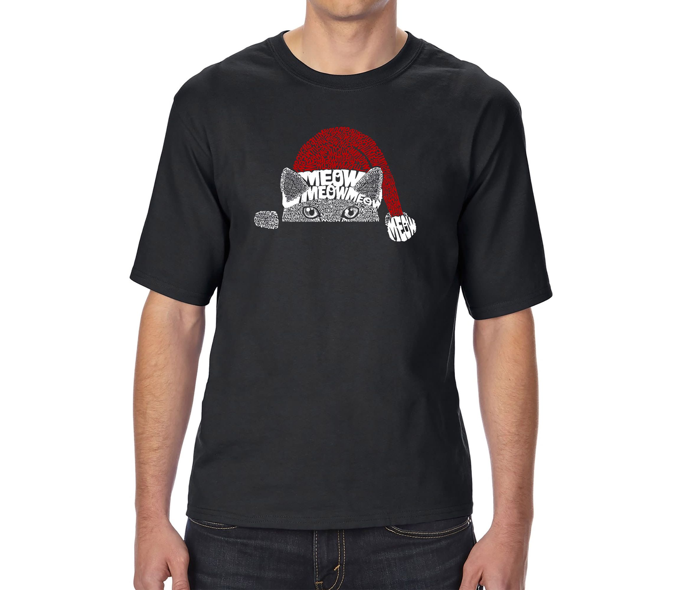 Mens Tall and Long Word Art T-Shirt  - Christmas Peeking Cat