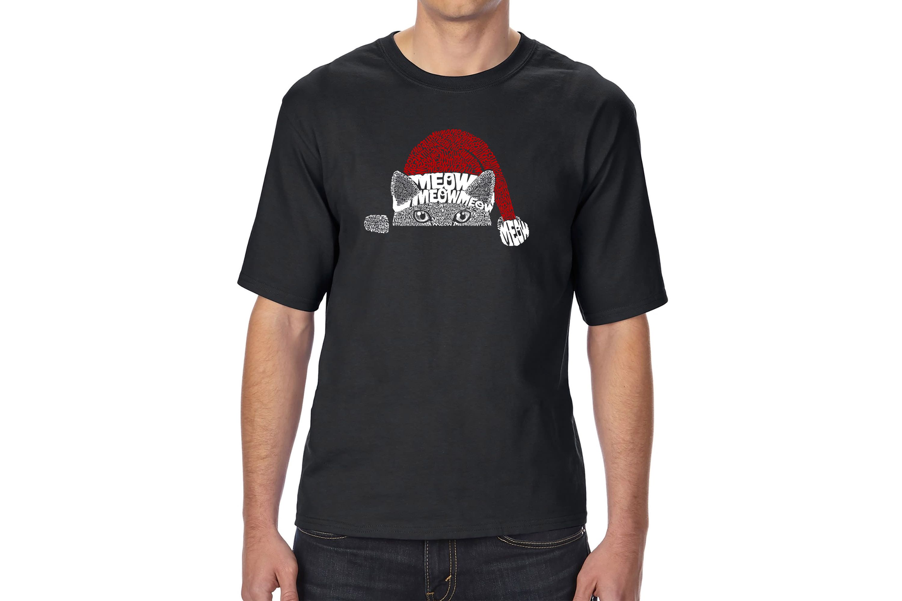 Mens Tall and Long Word Art T-Shirt  - Christmas Peeking Cat