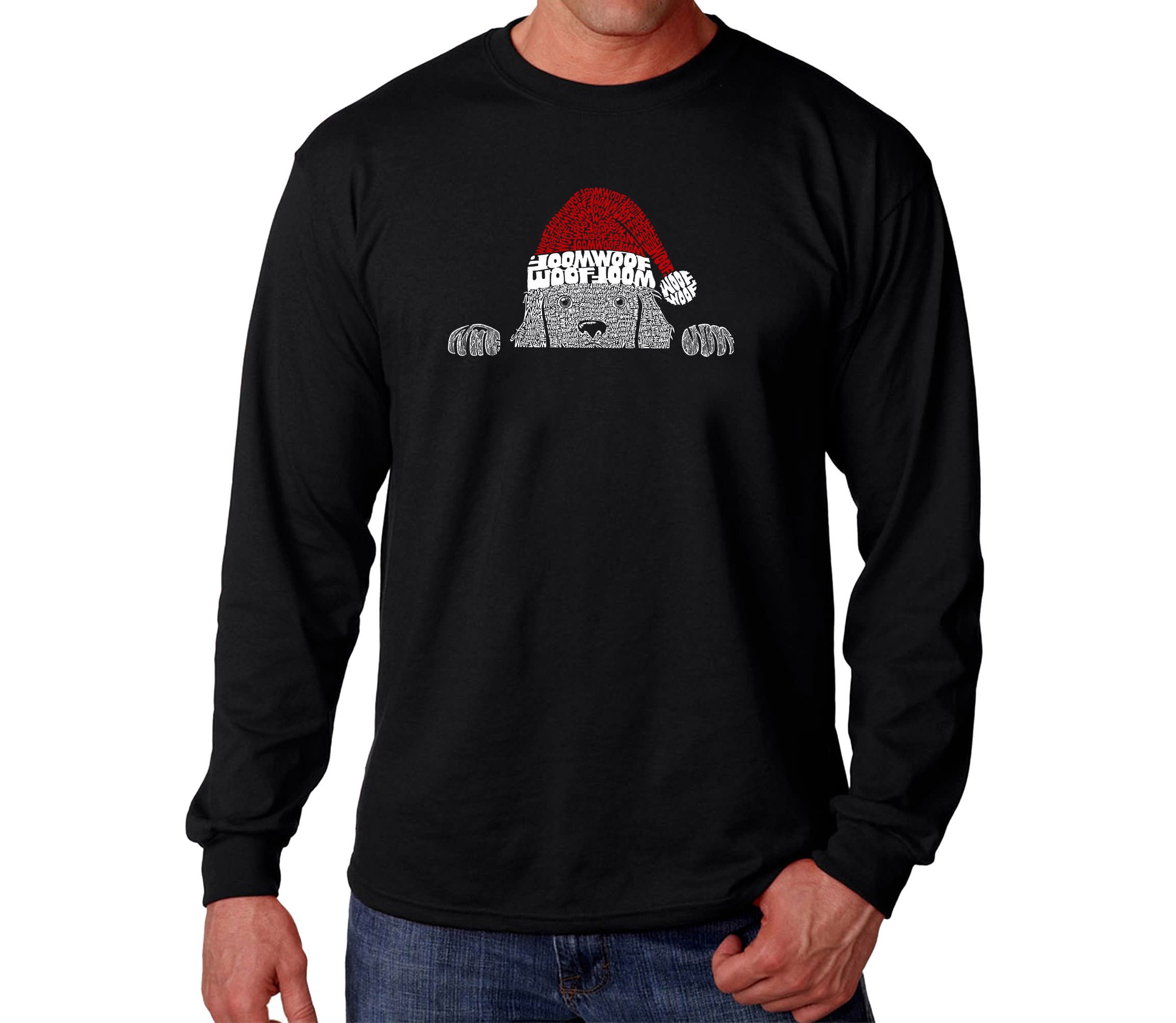 Mens Word Art Long Sleeve T-Shirt  - Christmas Peeking Dog