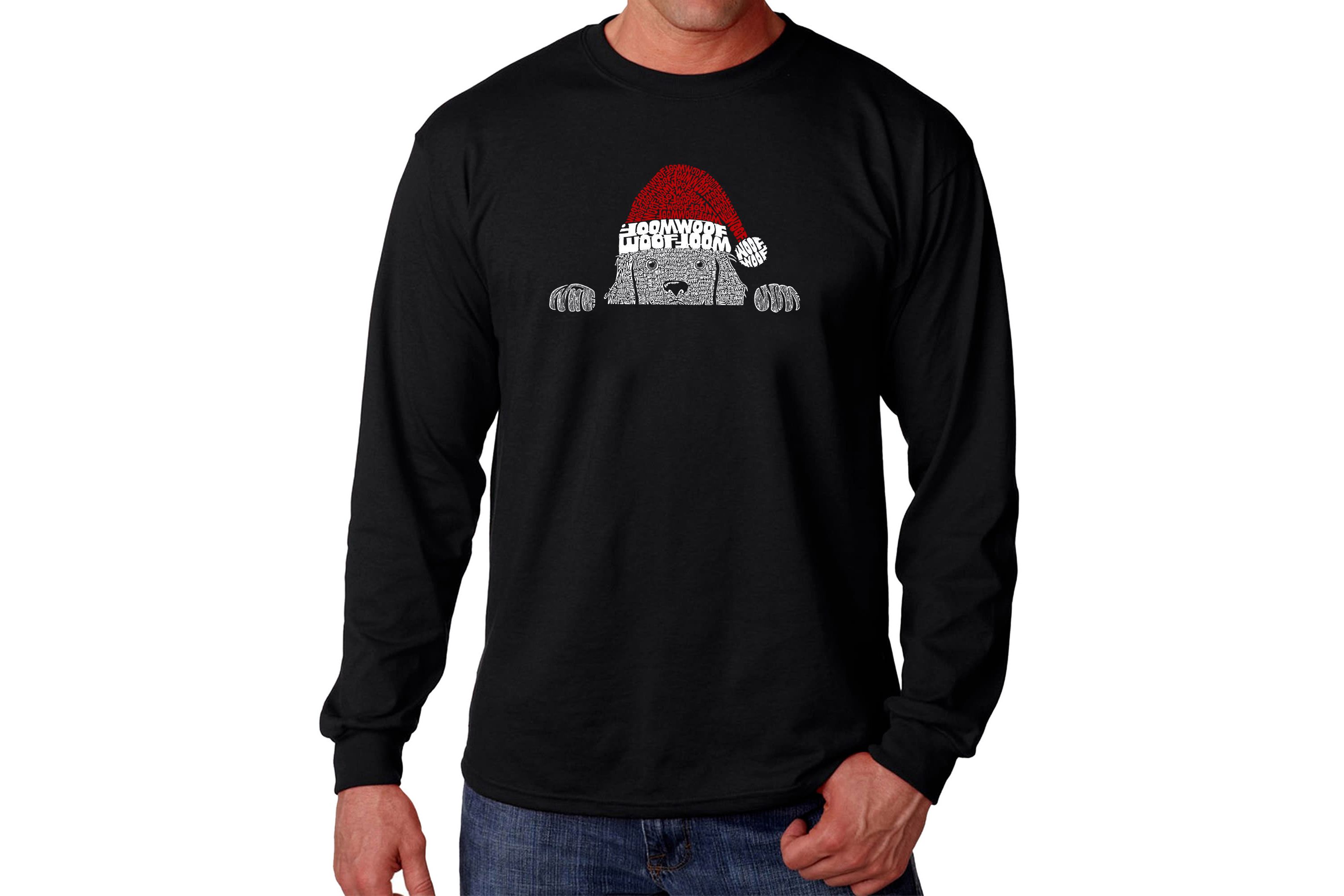 Mens Word Art Long Sleeve T-Shirt  - Christmas Peeking Dog
