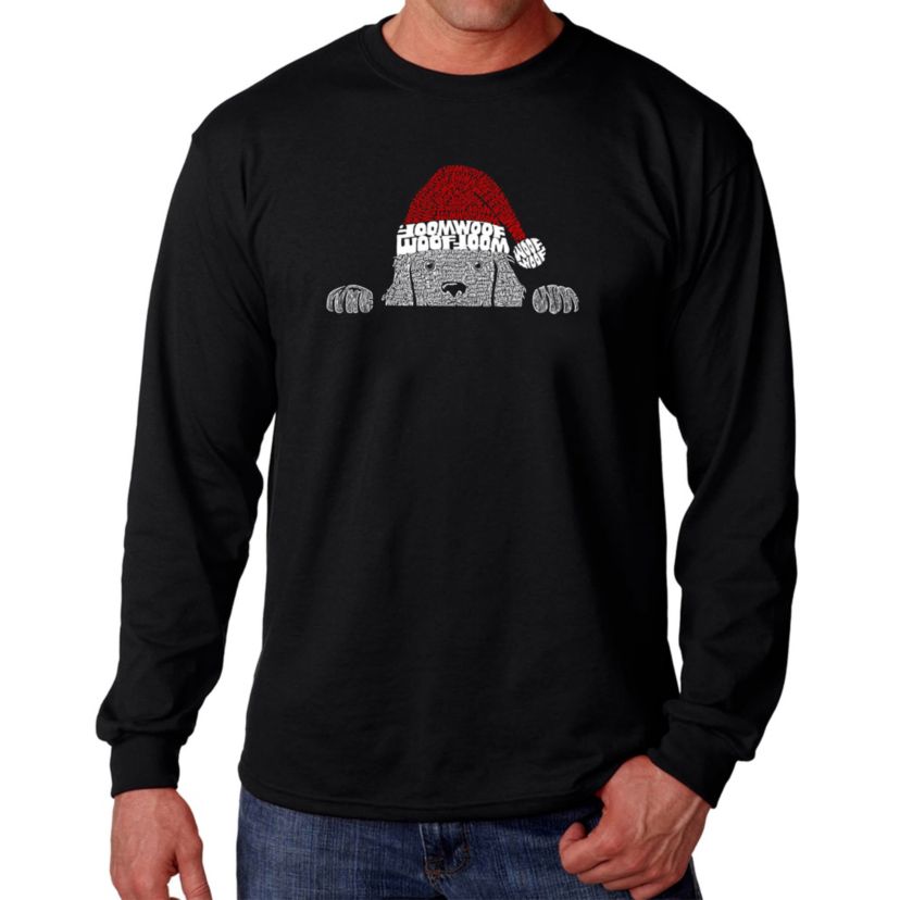 Mens Word Art Long Sleeve T-Shirt  - Christmas Peeking Dog