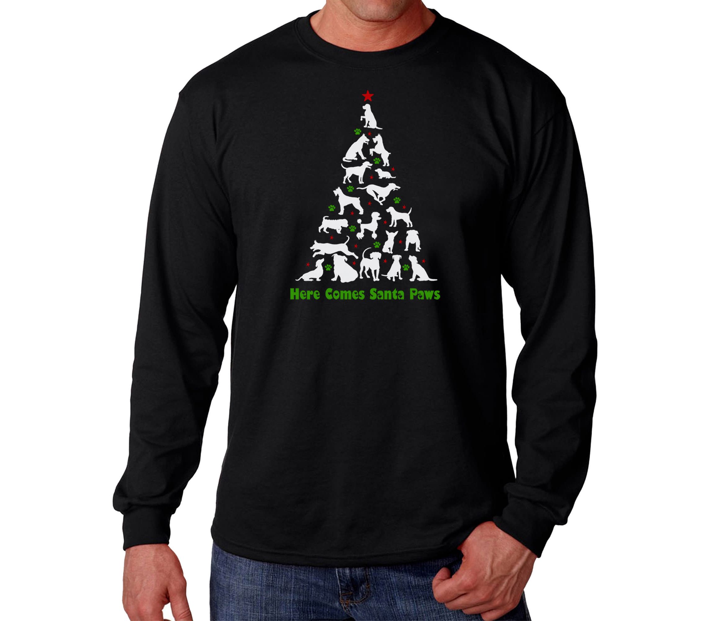 Mens Word Art Long Sleeve T-Shirt - Here Comes Santa Paws