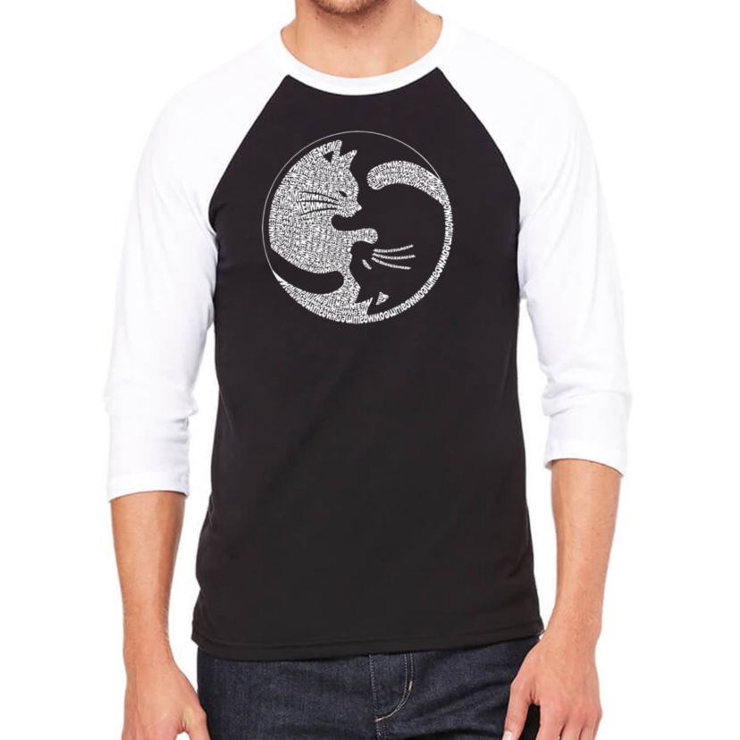 Mens Raglan Baseball Word Art T-shirt - Yin Yang Cat