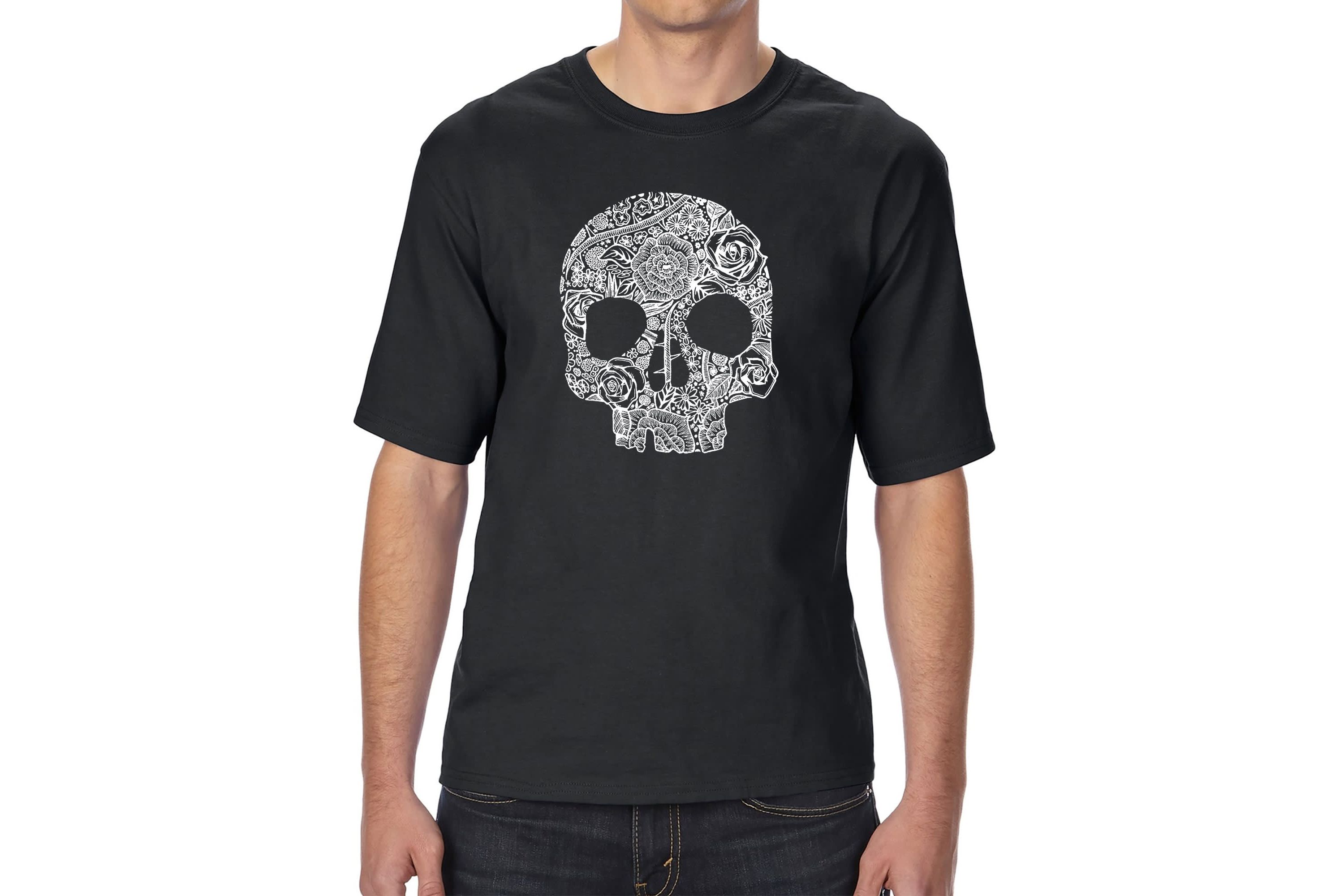 Mens Tall and Long Word Art T-shirt - Flower Skull