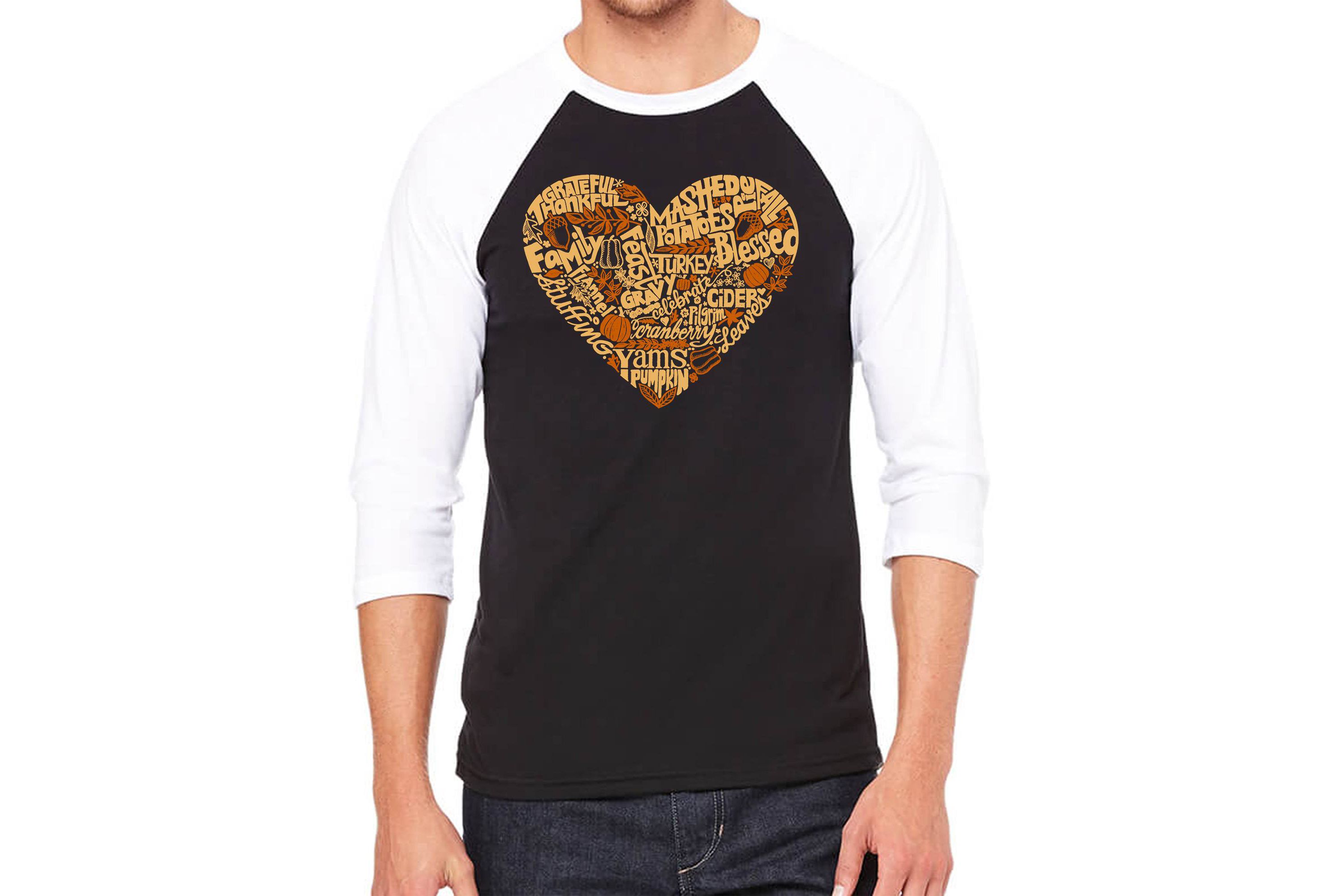 Mens Raglan Baseball Word Art T-Shirt - Thanksgiving Heart
