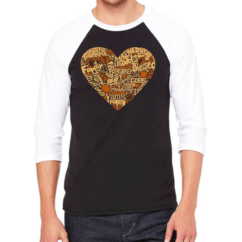 Mens Raglan Baseball Word Art T-Shirt - Thanksgiving Heart