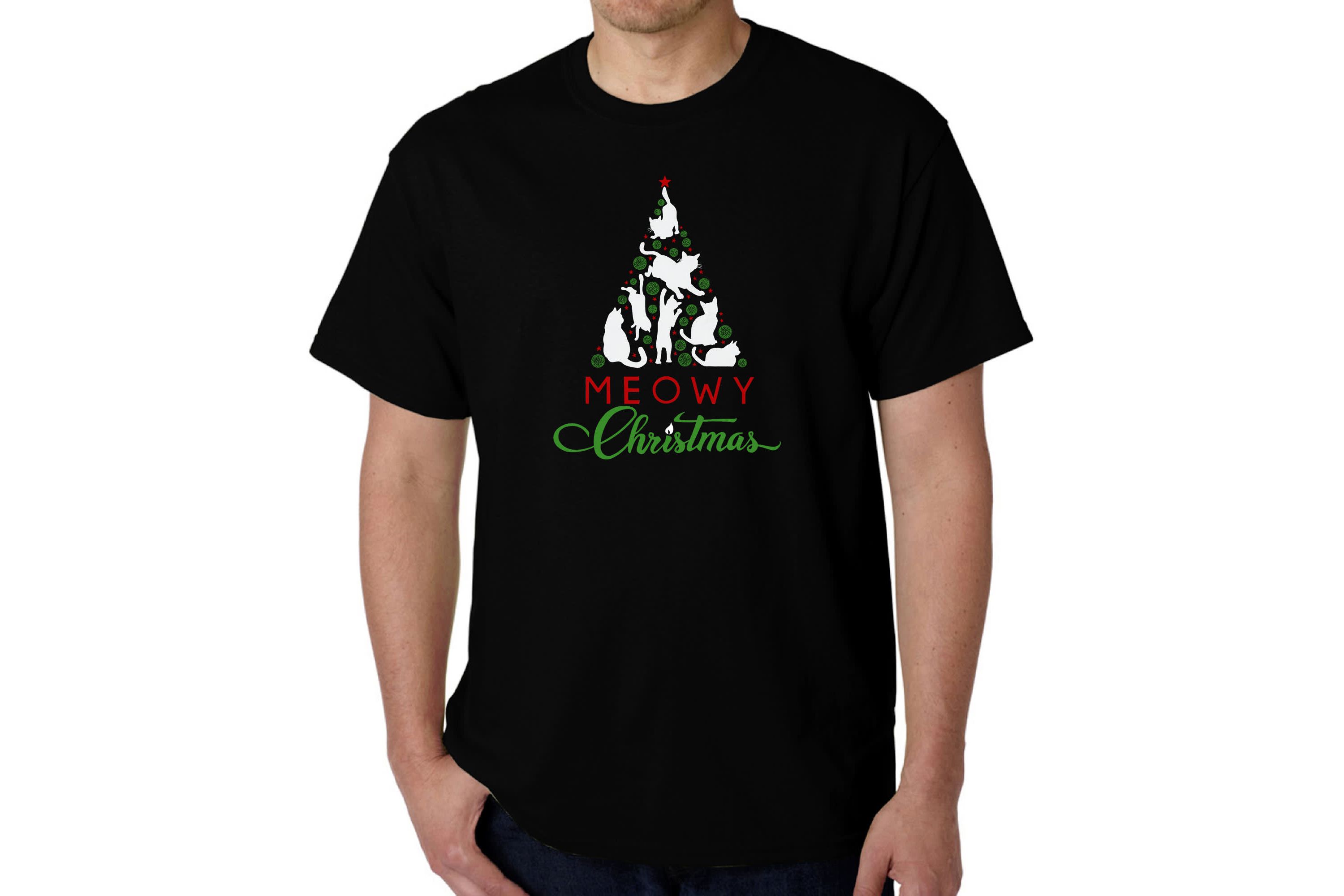 Mens Word Art T-Shirt - Meowy Christmas Tree