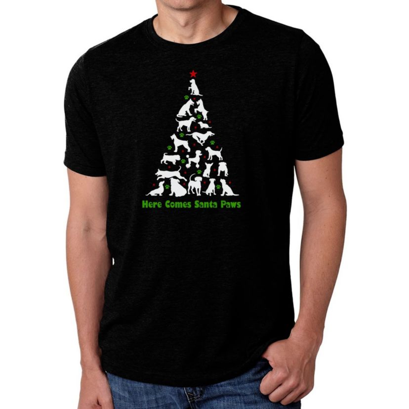 Mens Premium Blend Word Art T-Shirt - Here Comes Santa Paws