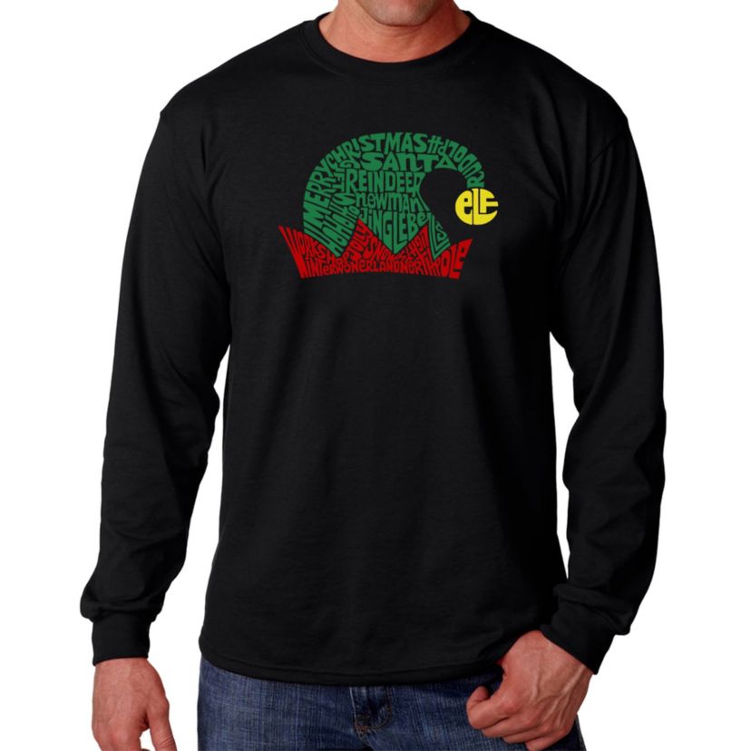 Mens Word Art Long Sleeve T-Shirt  - Christmas Elf Hat