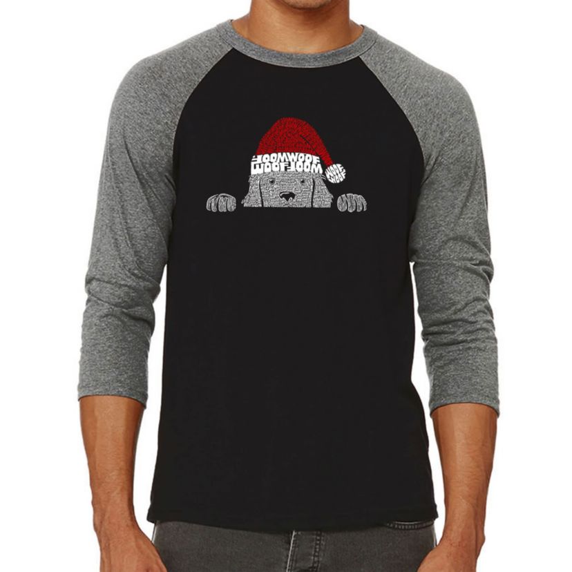 Mens Raglan Baseball Word Art T-Shirt  - Christmas Peeking Dog