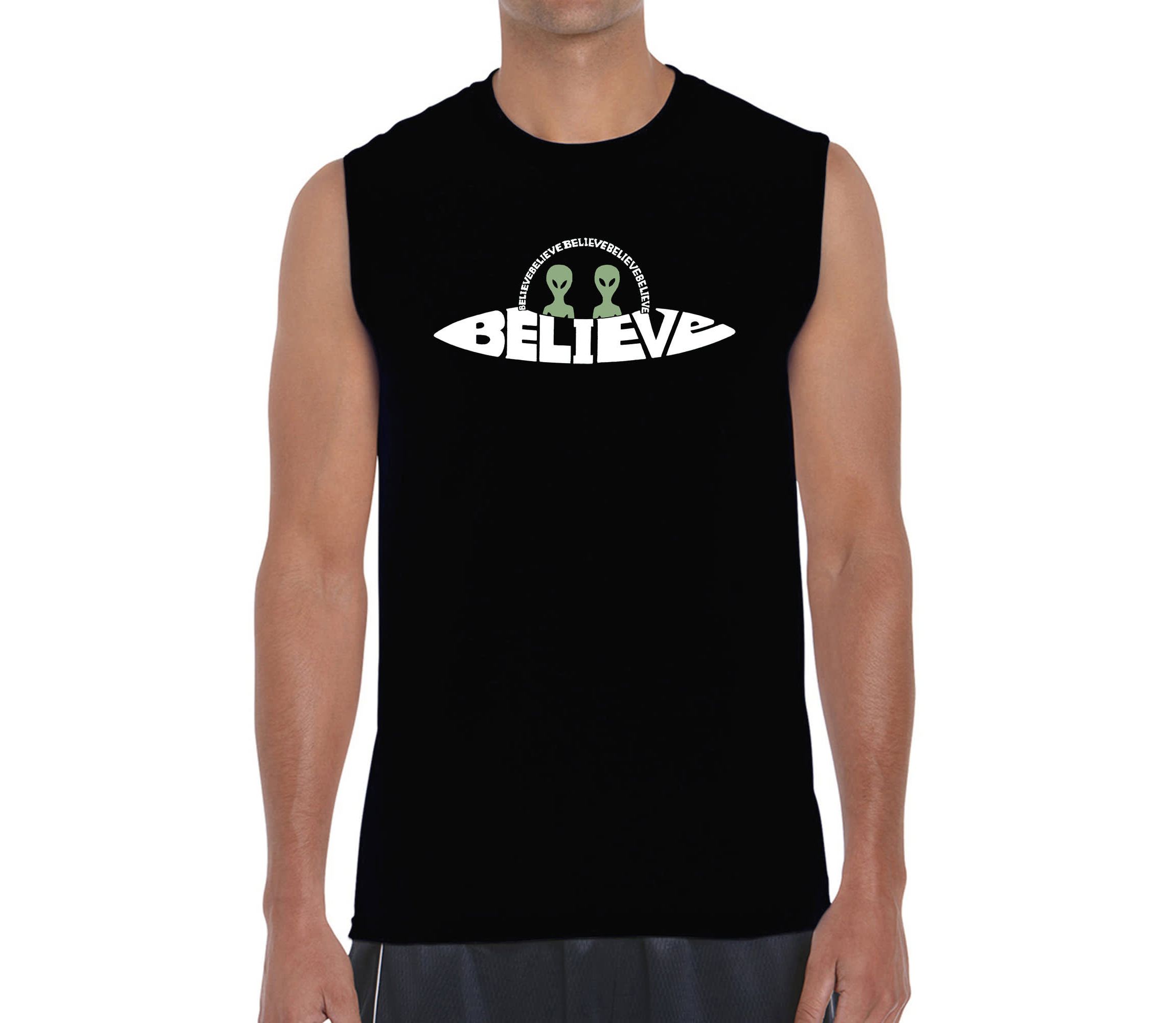 Mens Word Art Sleeveless T-Shirt  - Believe UFO