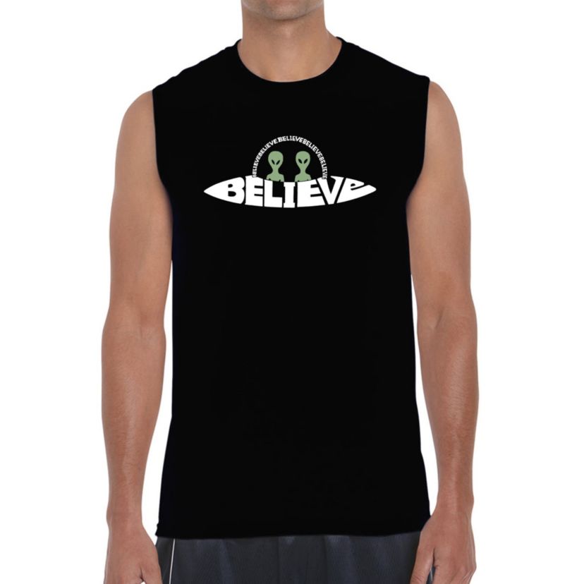 Mens Word Art Sleeveless T-Shirt  - Believe UFO