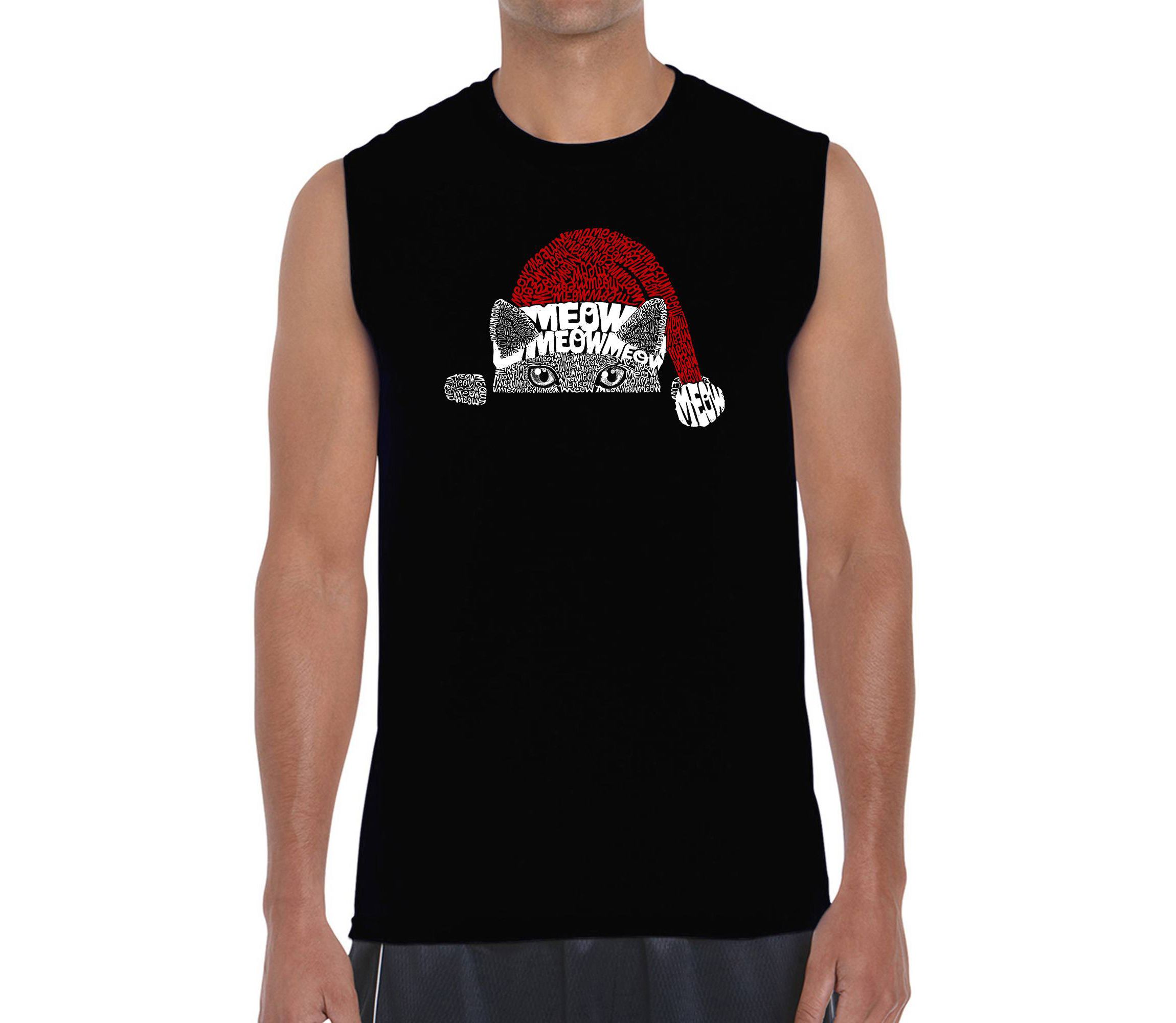 Mens Word Art Sleeveless T-Shirt  - Christmas Peeking Cat