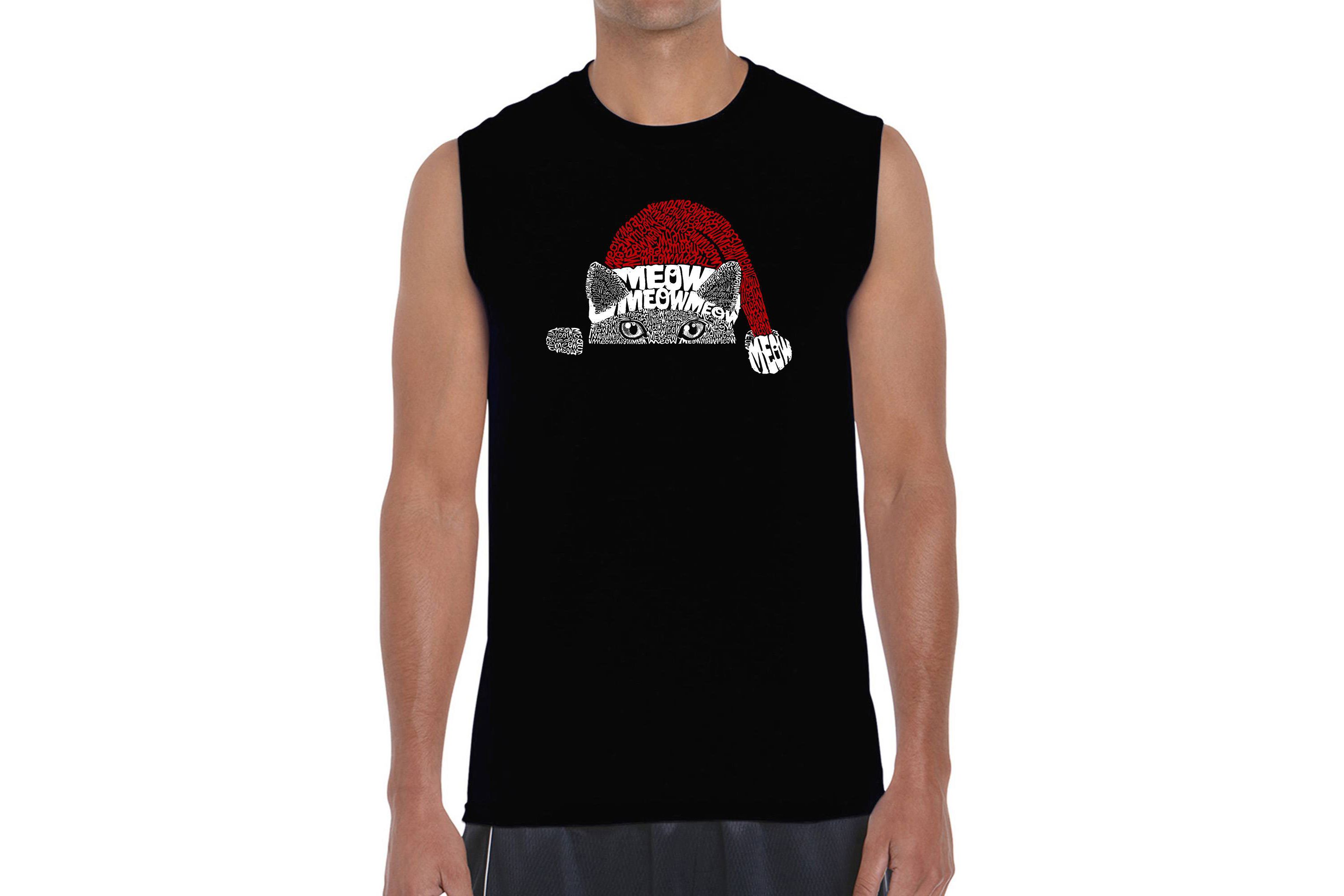 Mens Word Art Sleeveless T-Shirt  - Christmas Peeking Cat