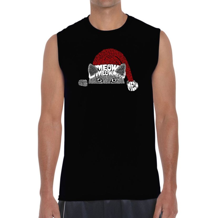 Mens Word Art Sleeveless T-Shirt  - Christmas Peeking Cat