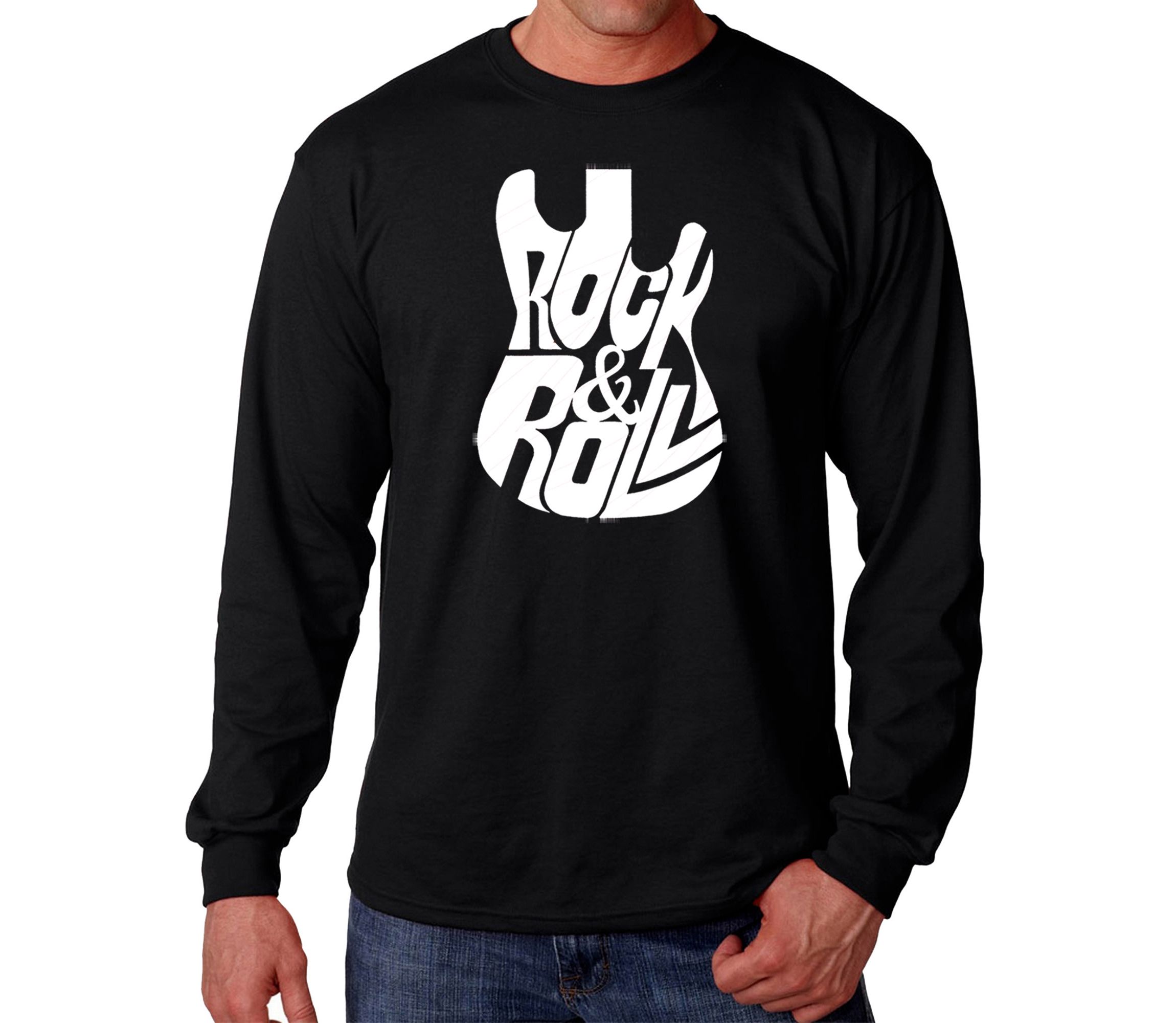 Mens Word Art Long Sleeve T-Shirt - Rock And Roll Guitar