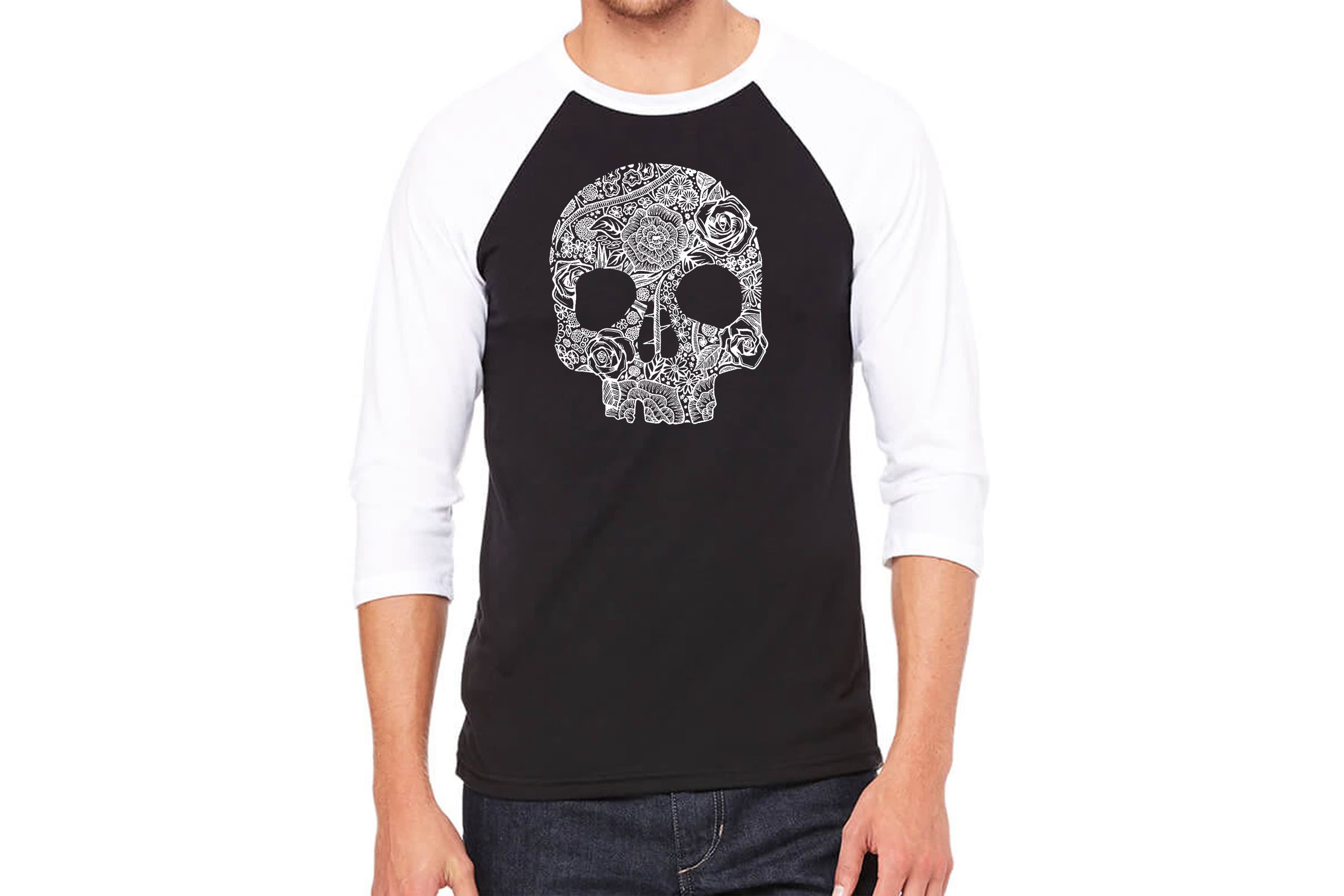 Mens Raglan Baseball Word Art T-shirt - Flower Skull