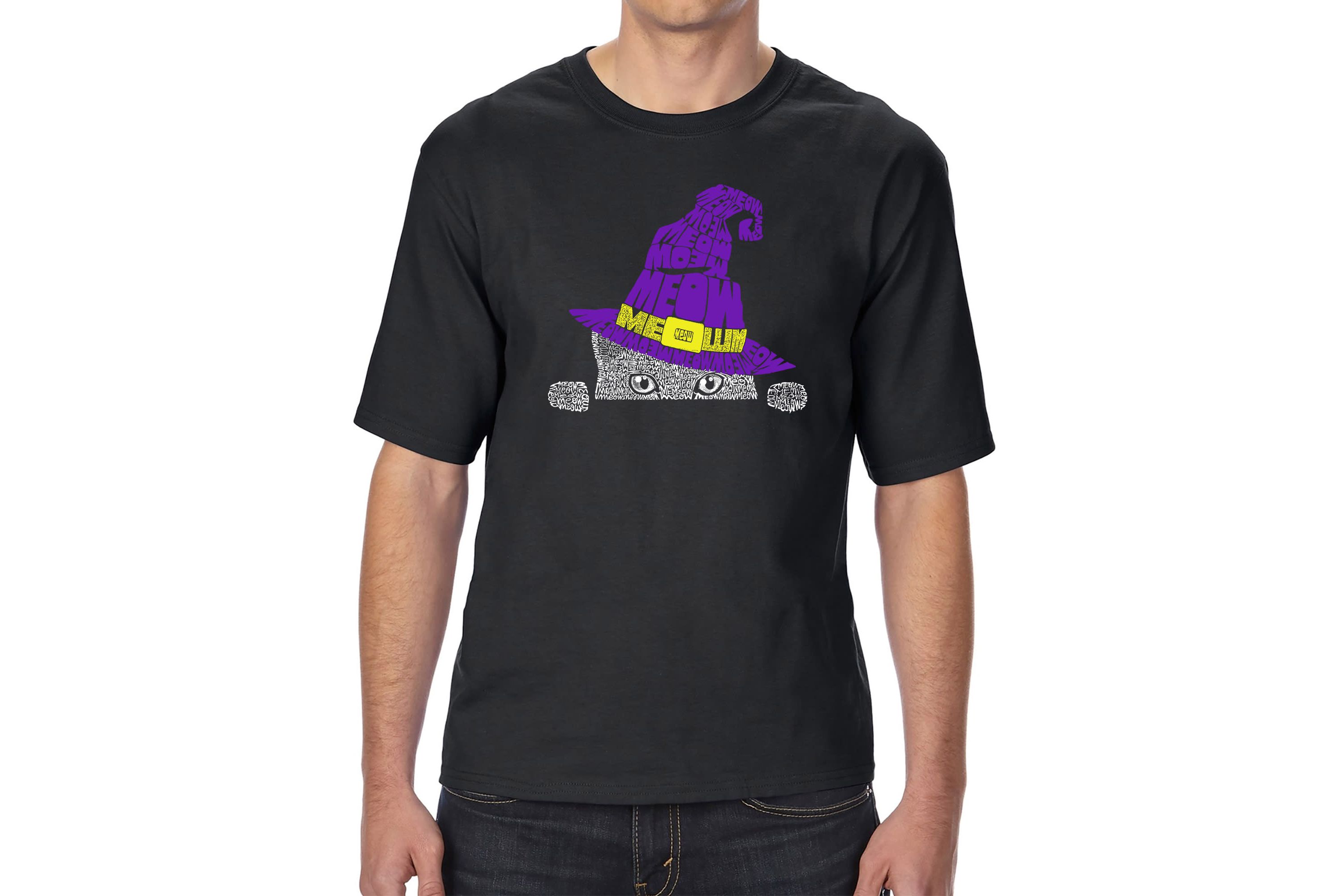 Mens Tall and Long Word Art T-Shirt - Peeking Witch Cat