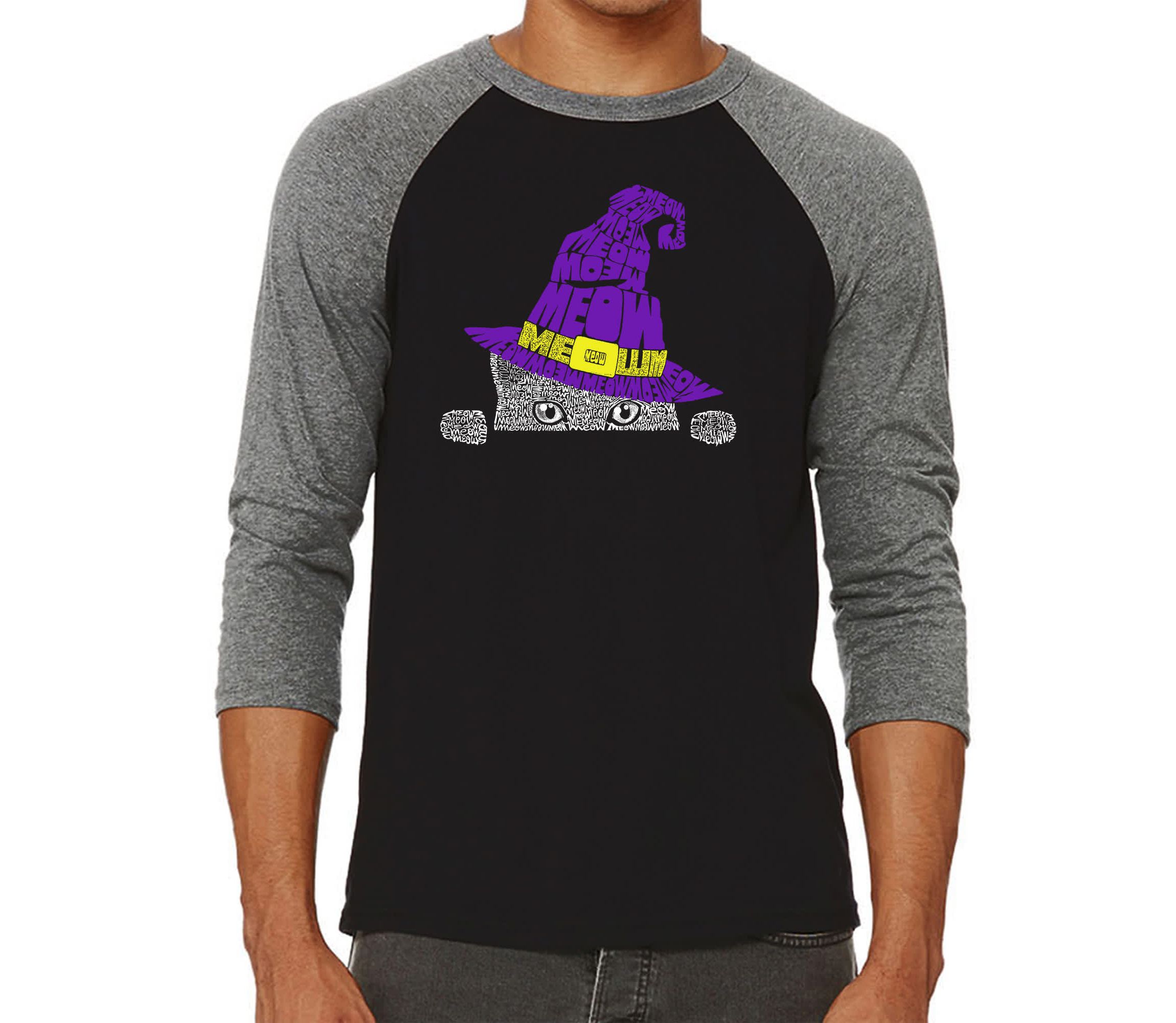 Mens Raglan Baseball Word Art T-Shirt - Peeking Witch Cat
