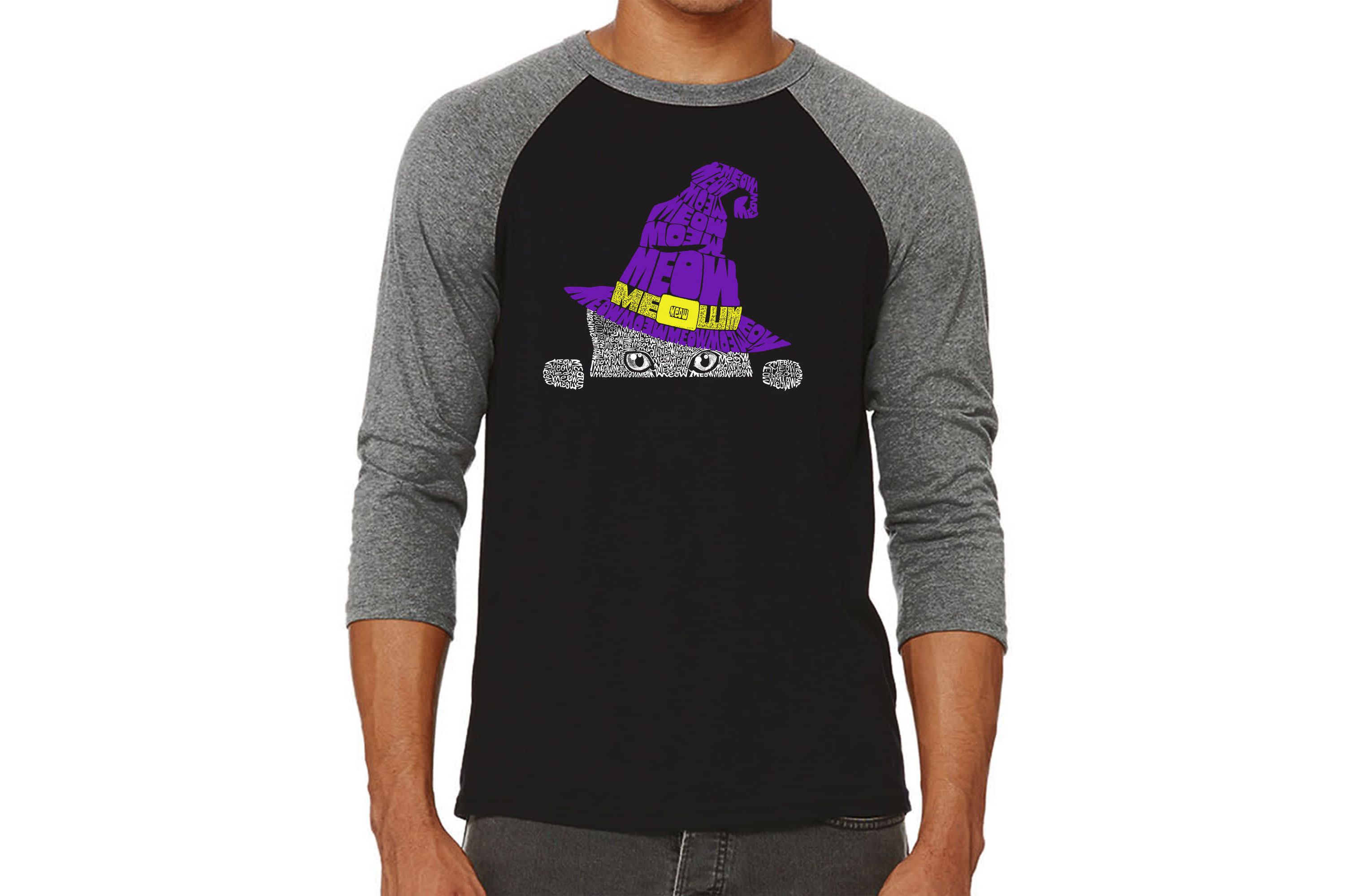 Mens Raglan Baseball Word Art T-Shirt - Peeking Witch Cat
