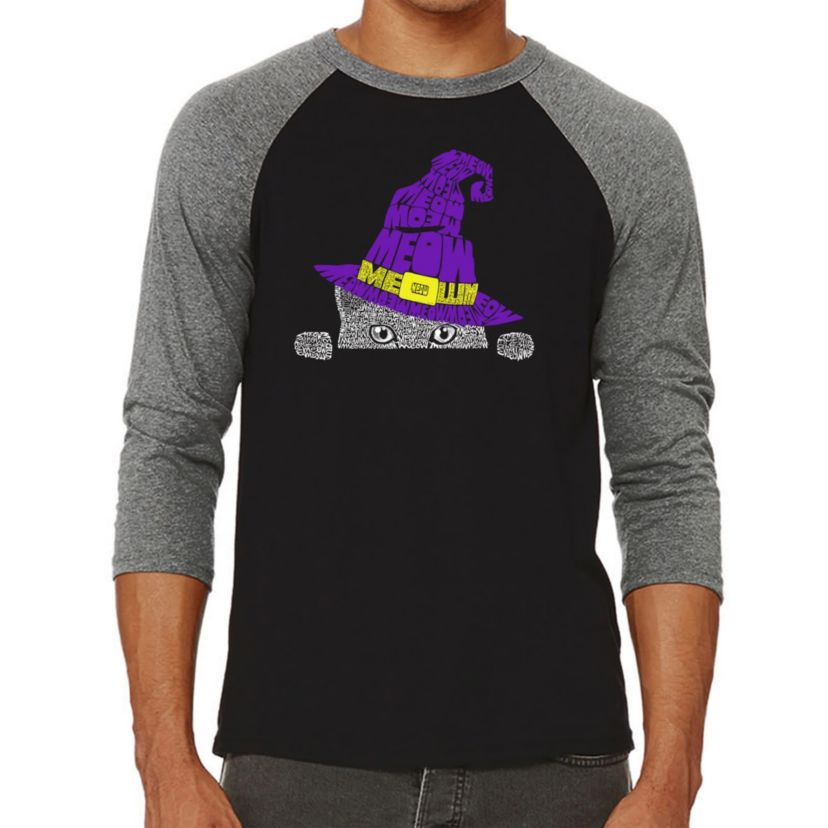 Mens Raglan Baseball Word Art T-Shirt - Peeking Witch Cat