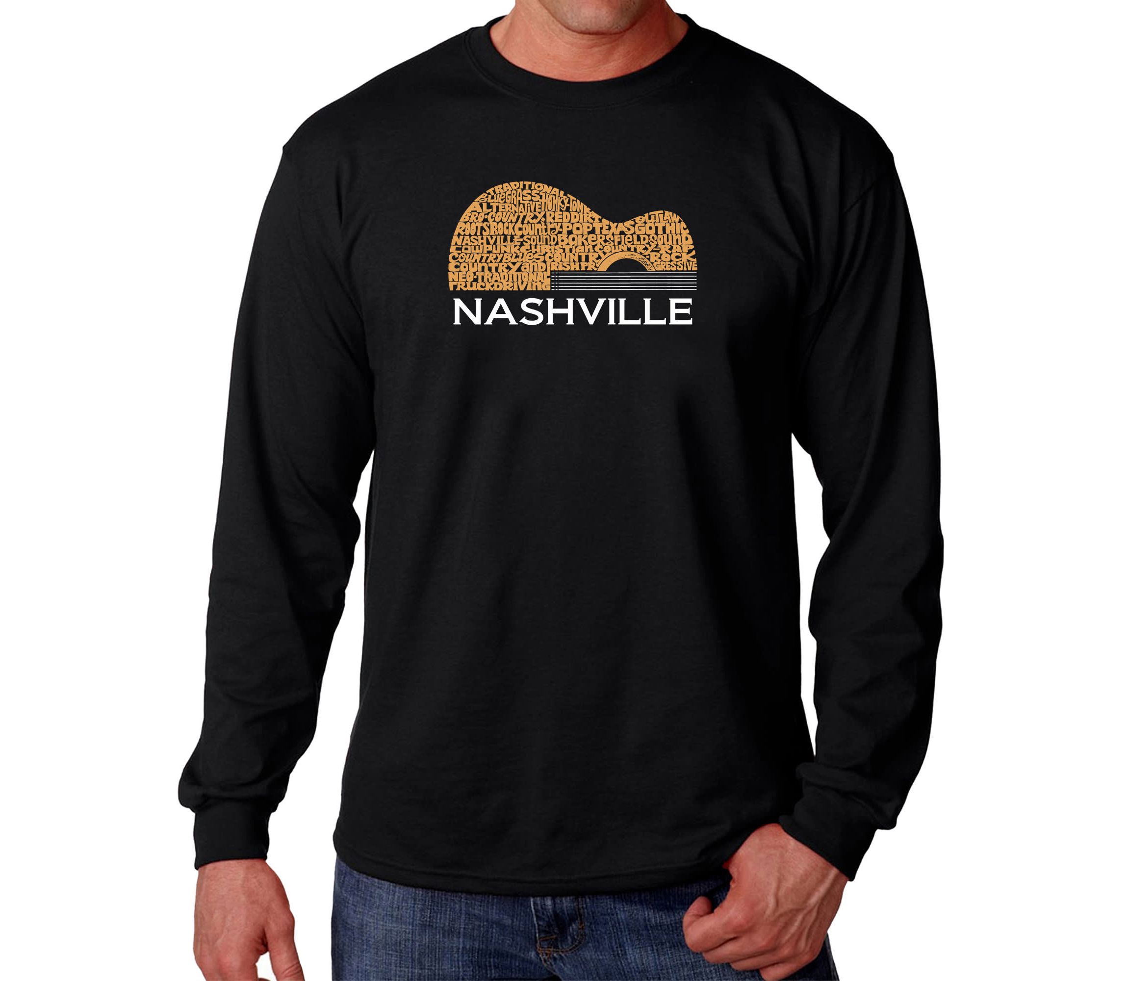 Mens Word Art Long Sleeve T-Shirt  - Nashville Guitar