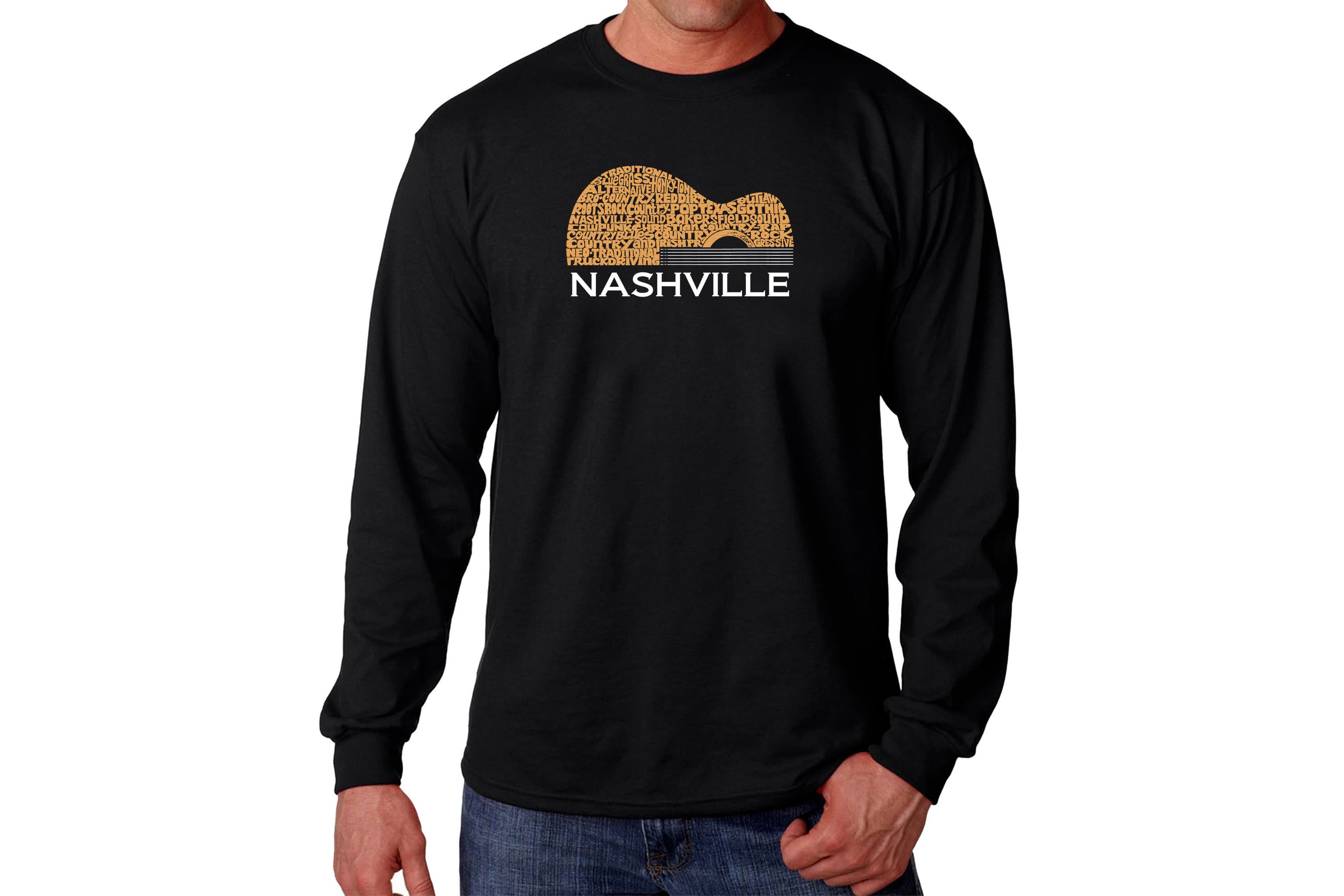 Mens Word Art Long Sleeve T-Shirt  - Nashville Guitar
