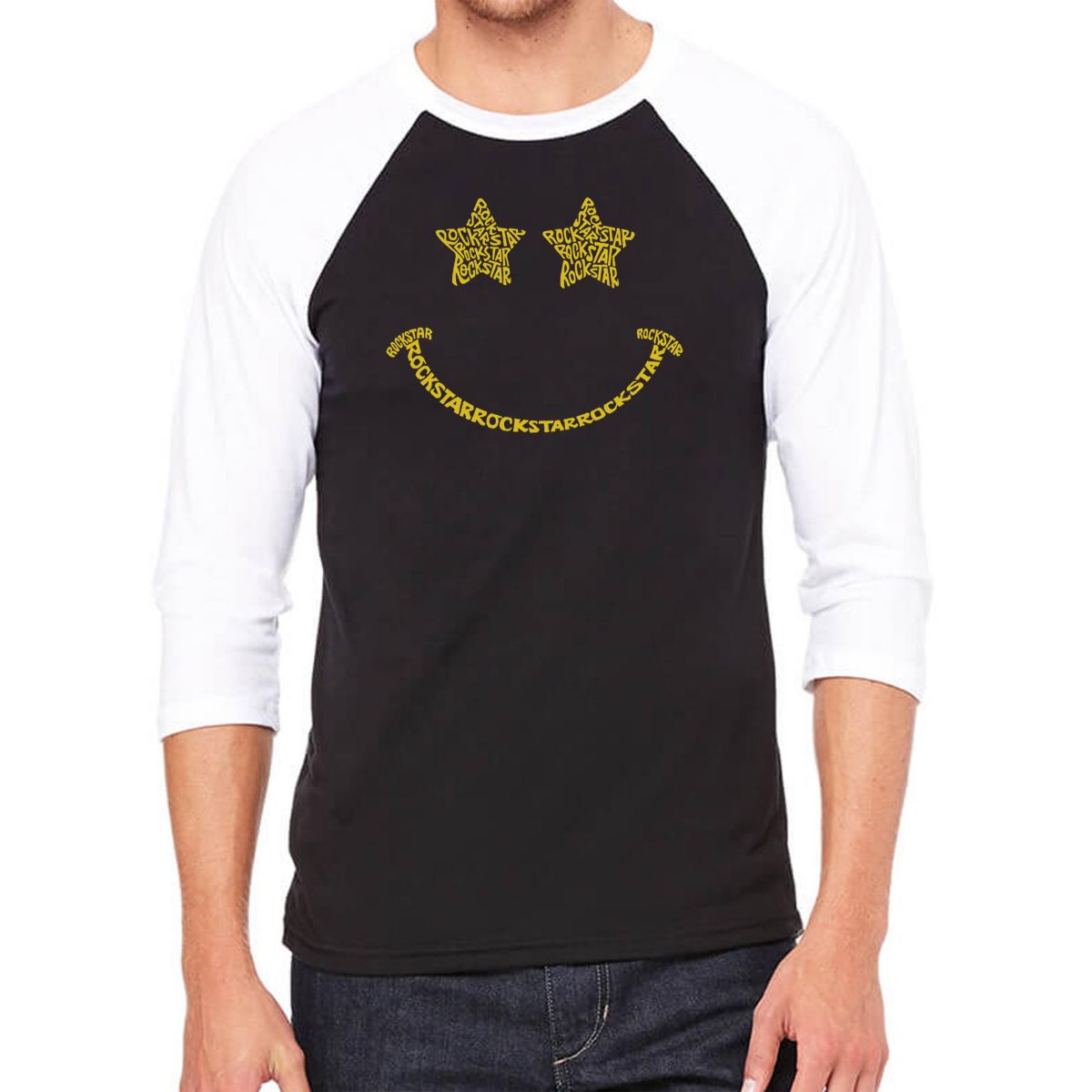 Mens Raglan Baseball Word Art T-shirt - Rockstar Smiley