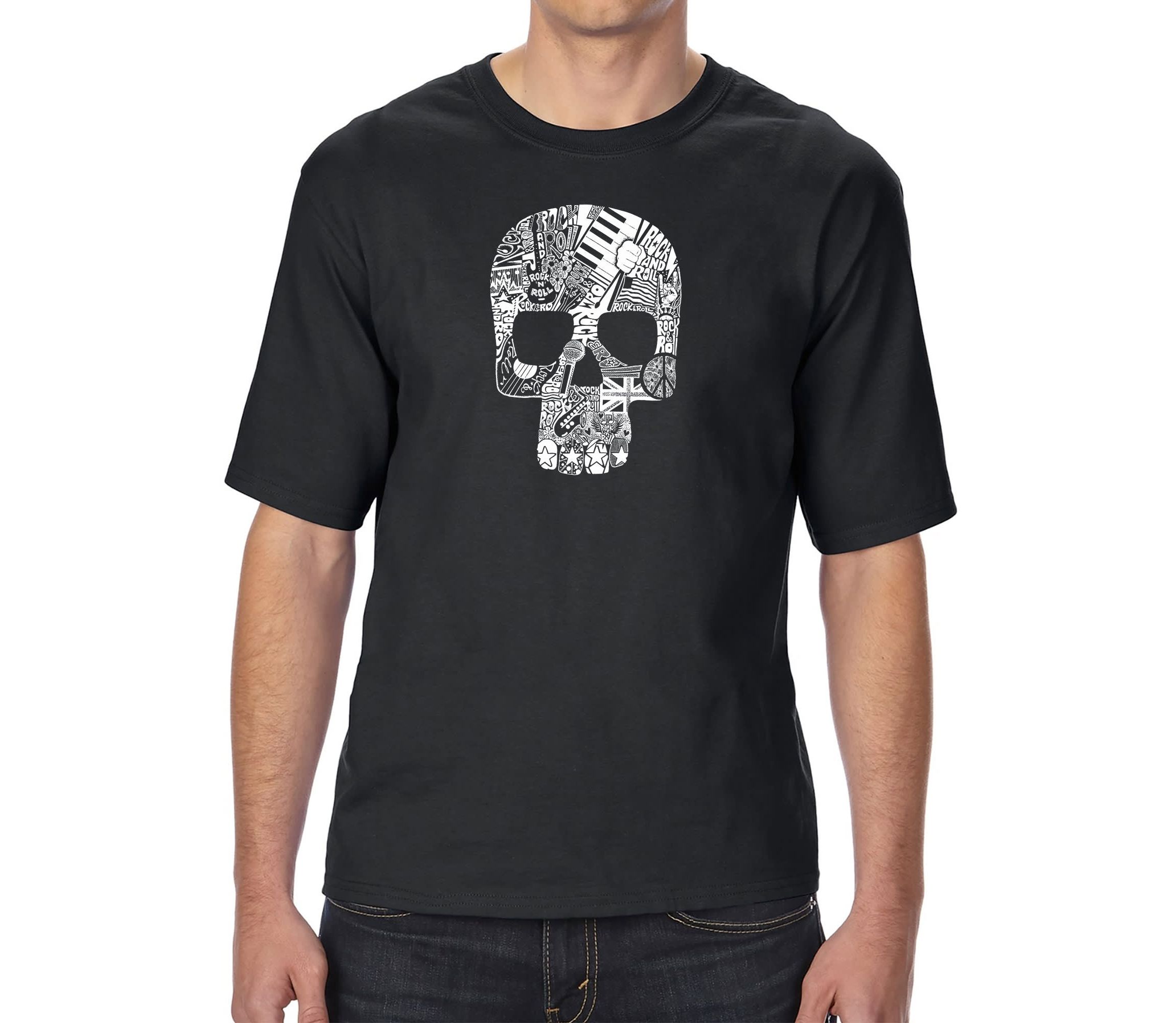 Mens Tall and Long Word Art T-Shirt  - Rock n Roll Skull