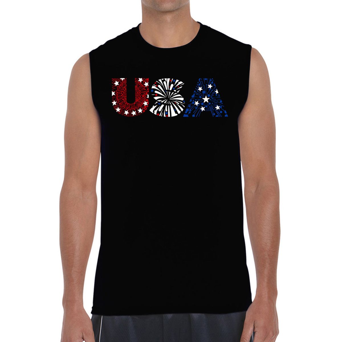 Mens Word Art Sleeveless T-Shirt - USA Fireworks