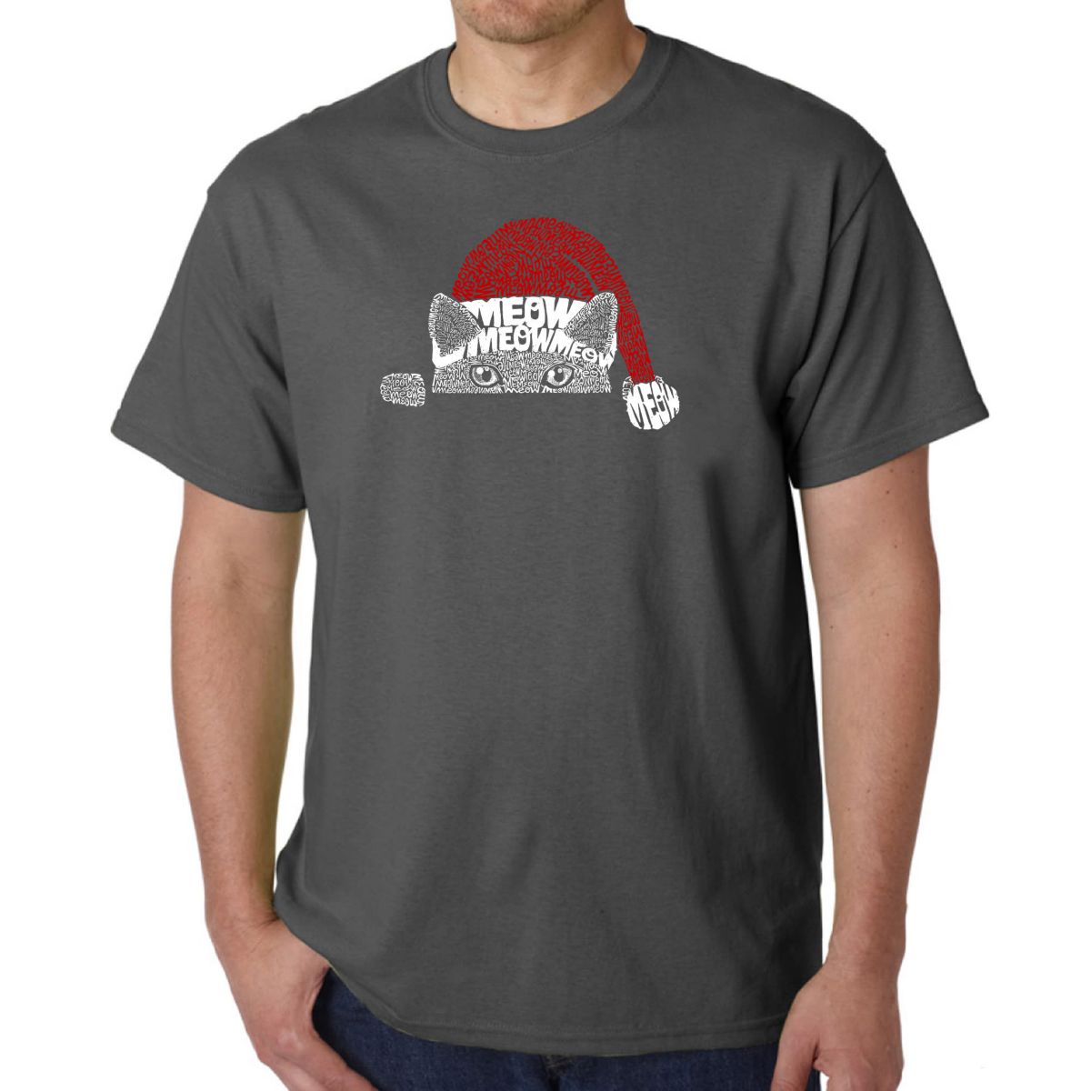 Mens Word Art T-Shirt  - Christmas Peeking Cat