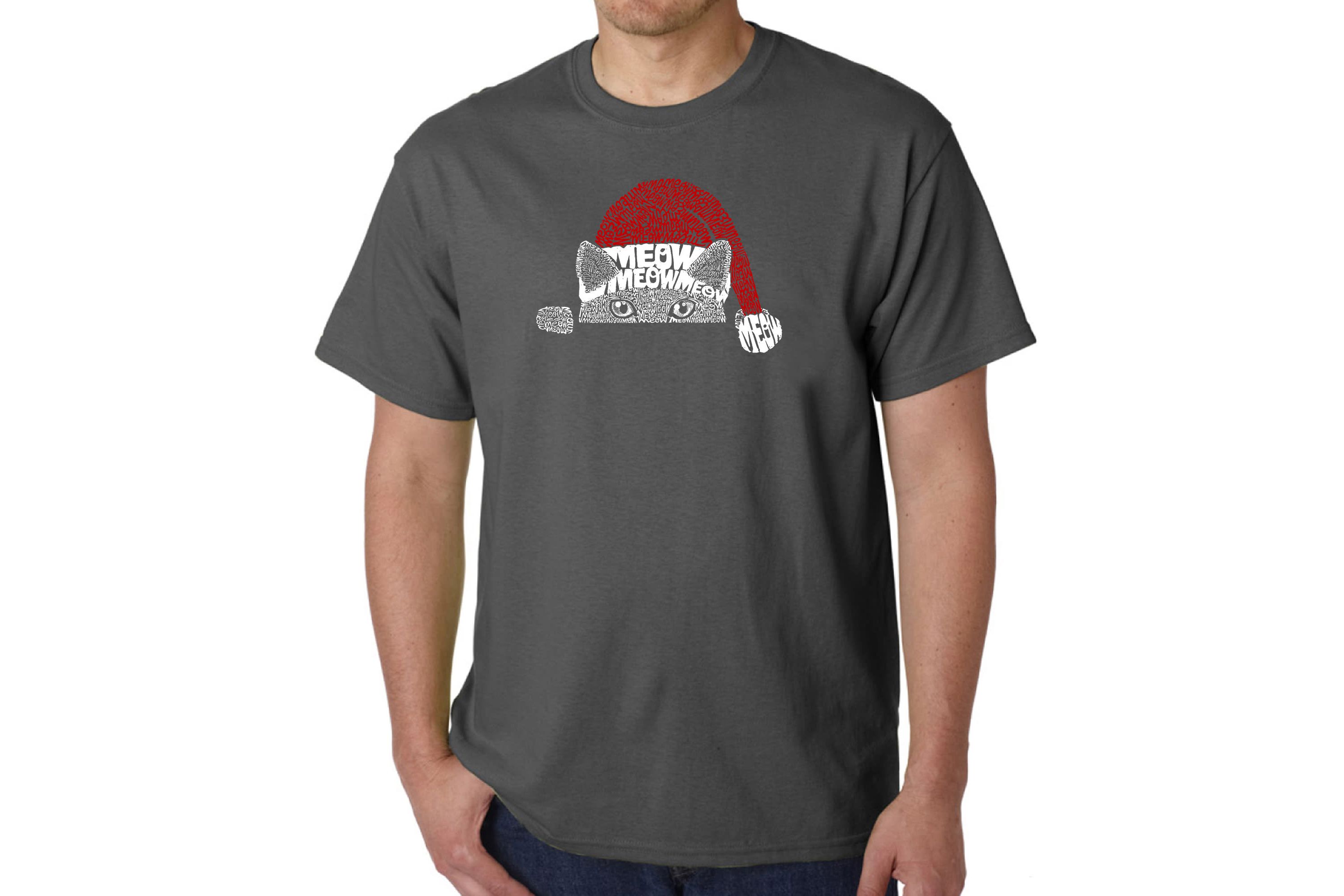 Mens Word Art T-Shirt  - Christmas Peeking Cat