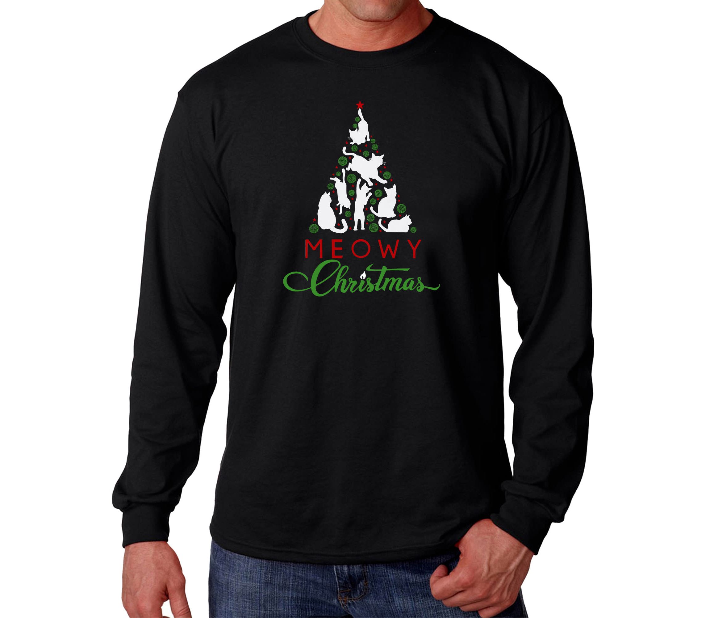 Mens Word Art Long Sleeve T-Shirt - Meowy Christmas Tree