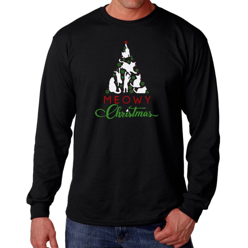 Mens Word Art Long Sleeve T-Shirt - Meowy Christmas Tree