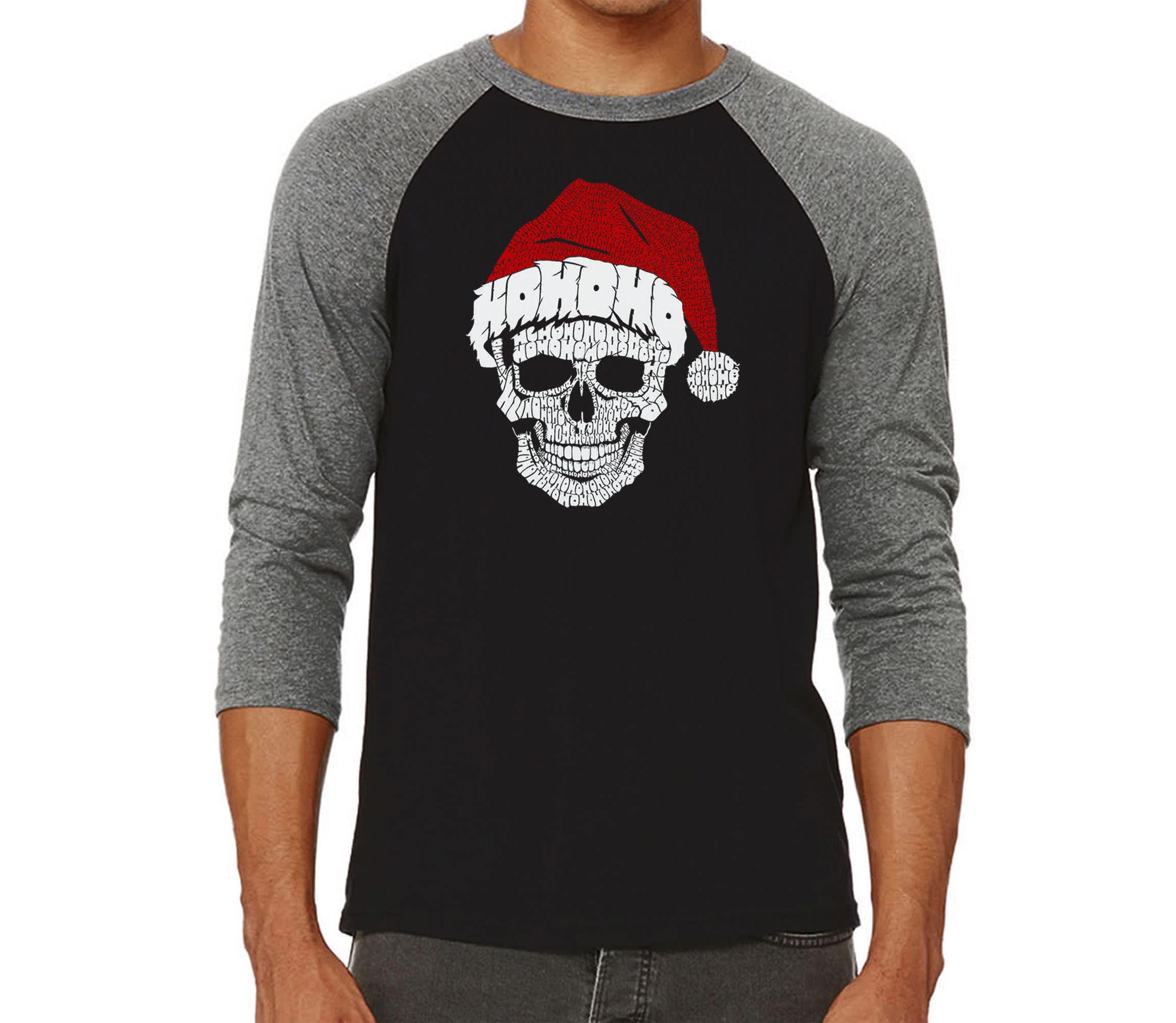 Mens Raglan Baseball Word Art T-Shirt - Santa Skull