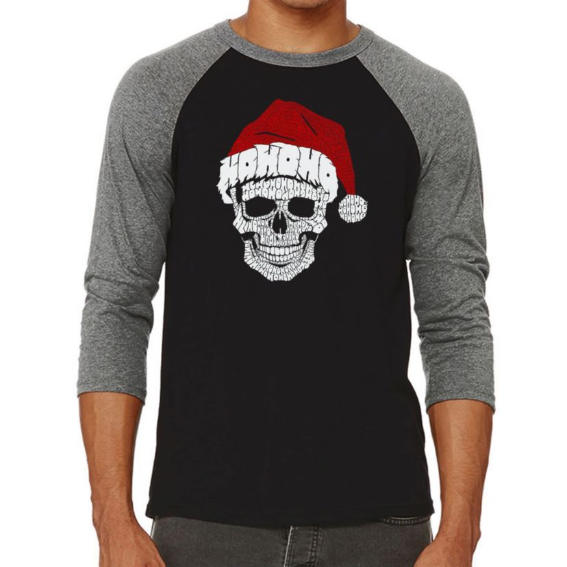 Mens Raglan Baseball Word Art T-Shirt - Santa Skull